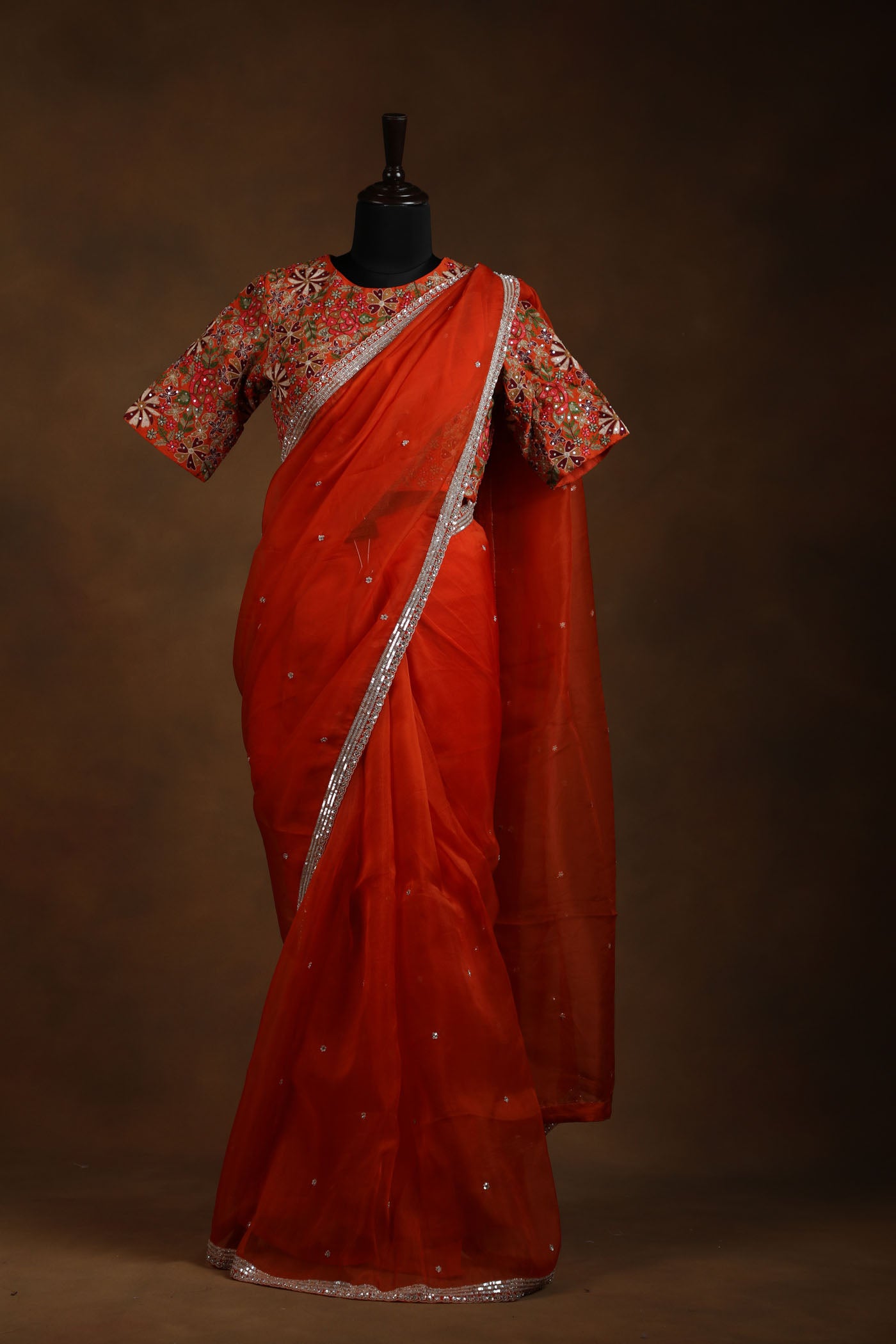Rust Orange Organza Saree with Heavy Multicolor Embroidered Tussar silk Readymade Blouse (RTS)