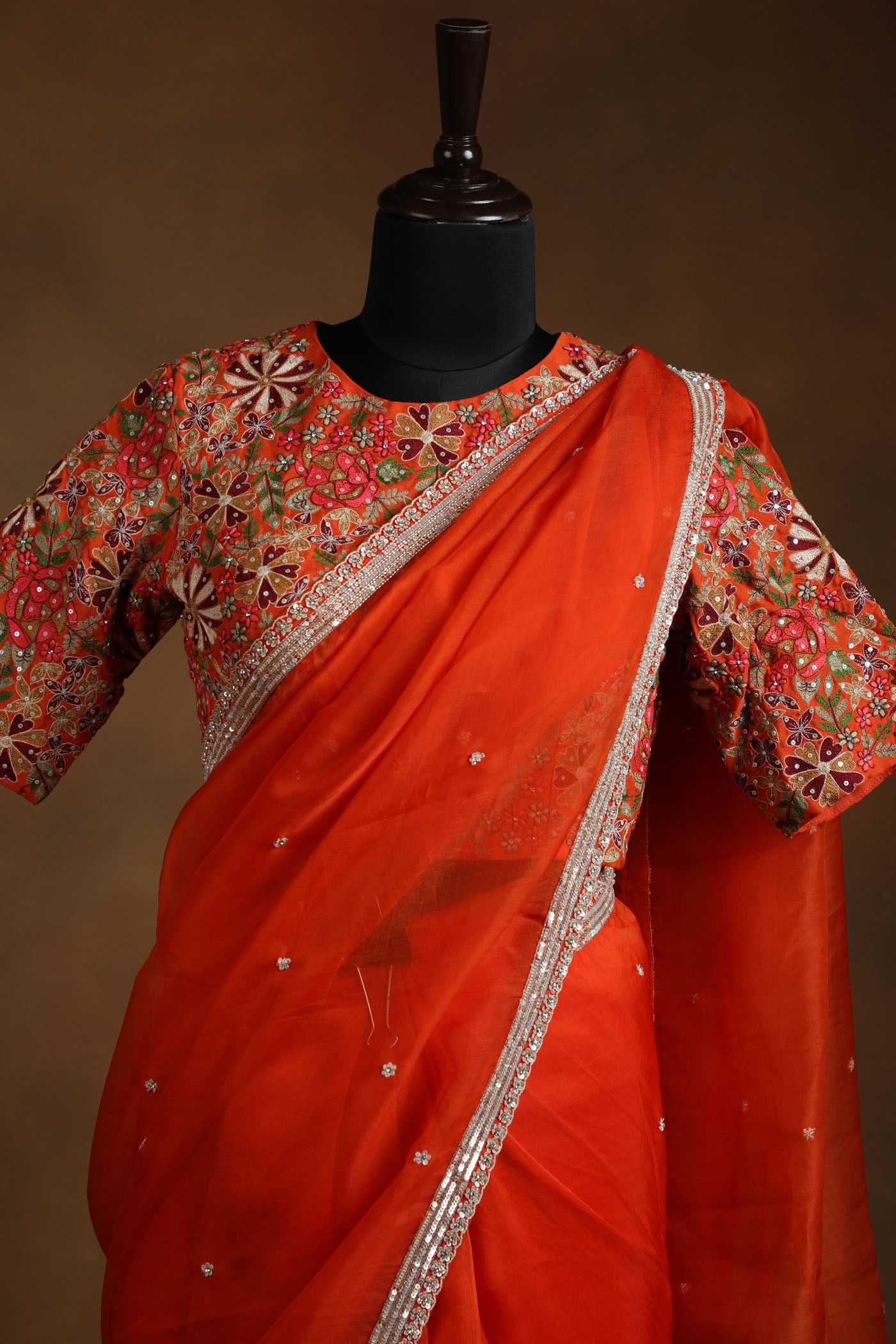 Rust Orange Organza Saree with Heavy Multicolor Embroidered Tussar silk Readymade Blouse (RTS)