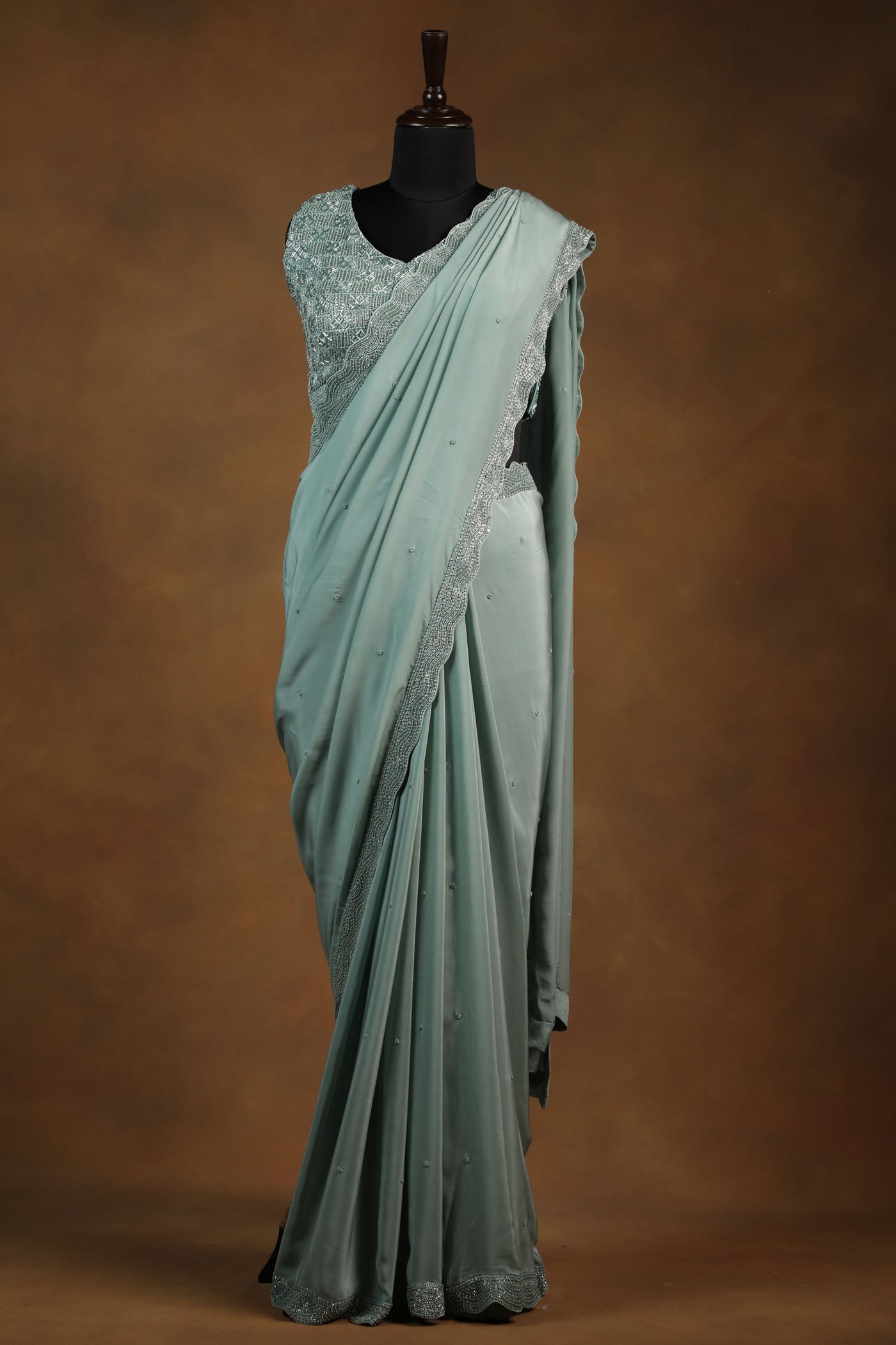 Elegant Sage Green Crepe Saree with Fully Embellished Readymade Blouse (RTS)
