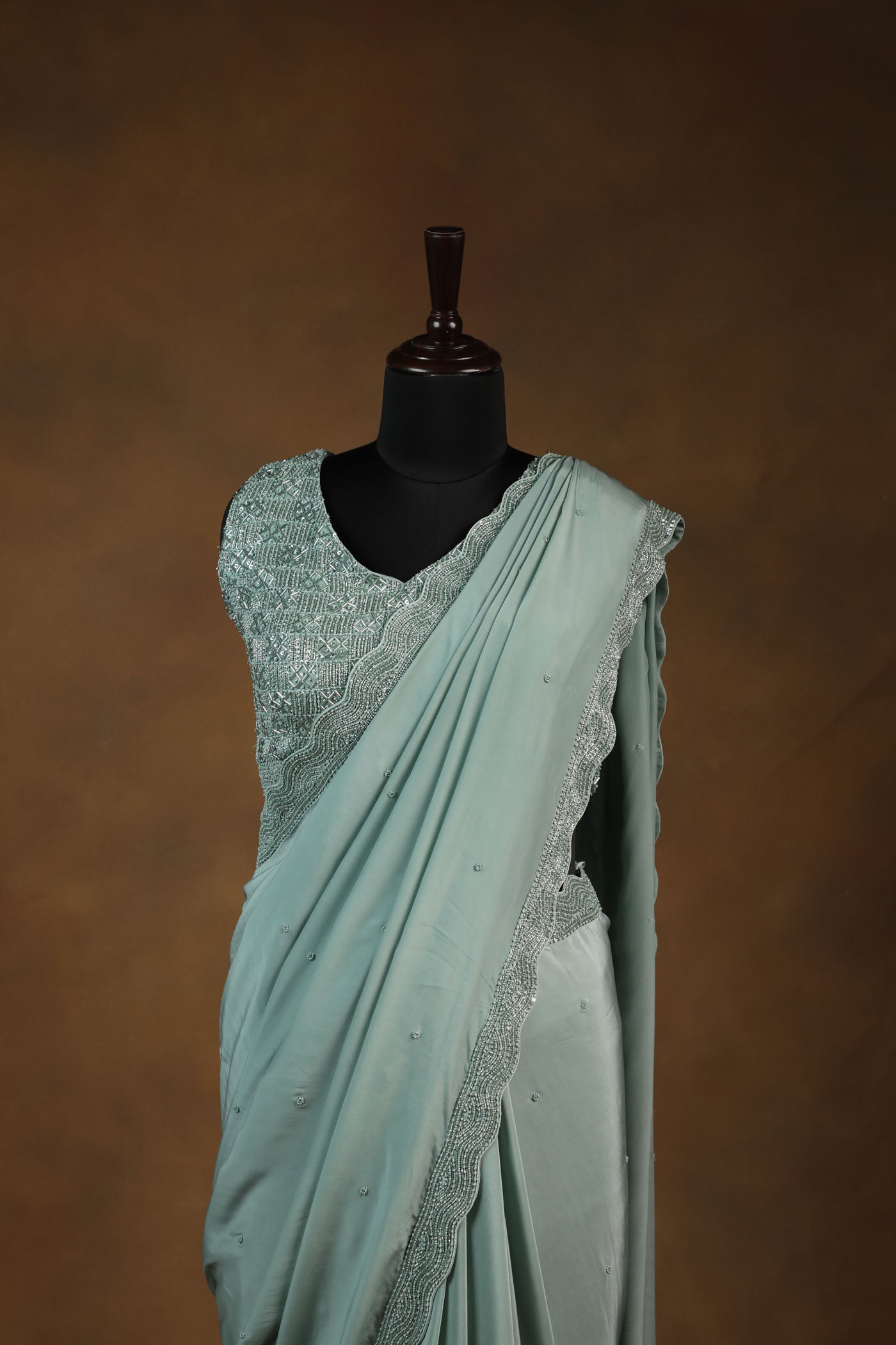 Elegant Sage Green Crepe Saree with Fully Embellished Readymade Blouse (RTS)