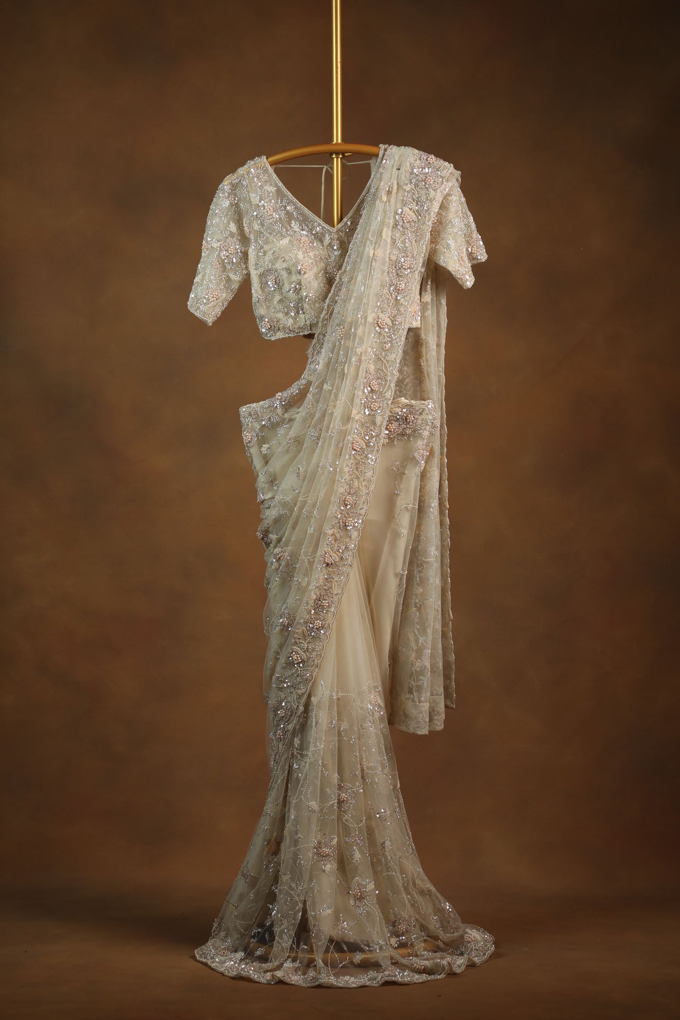 Elegant Champagne Beige Net Saree with Heavy Embroidered Blouse (RTS)