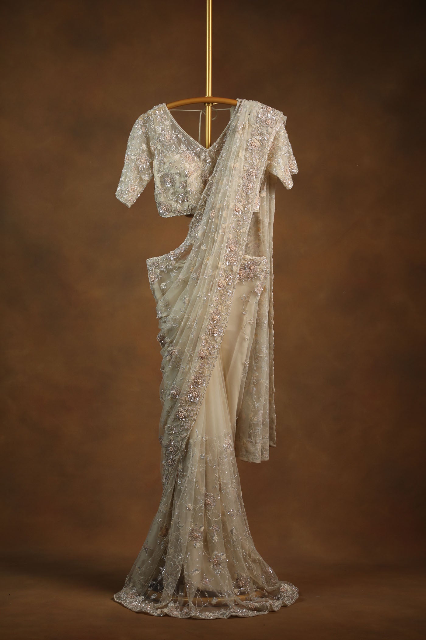 Elegant Champagne Beige Net Saree with Heavy Embroidered Blouse (RTS)