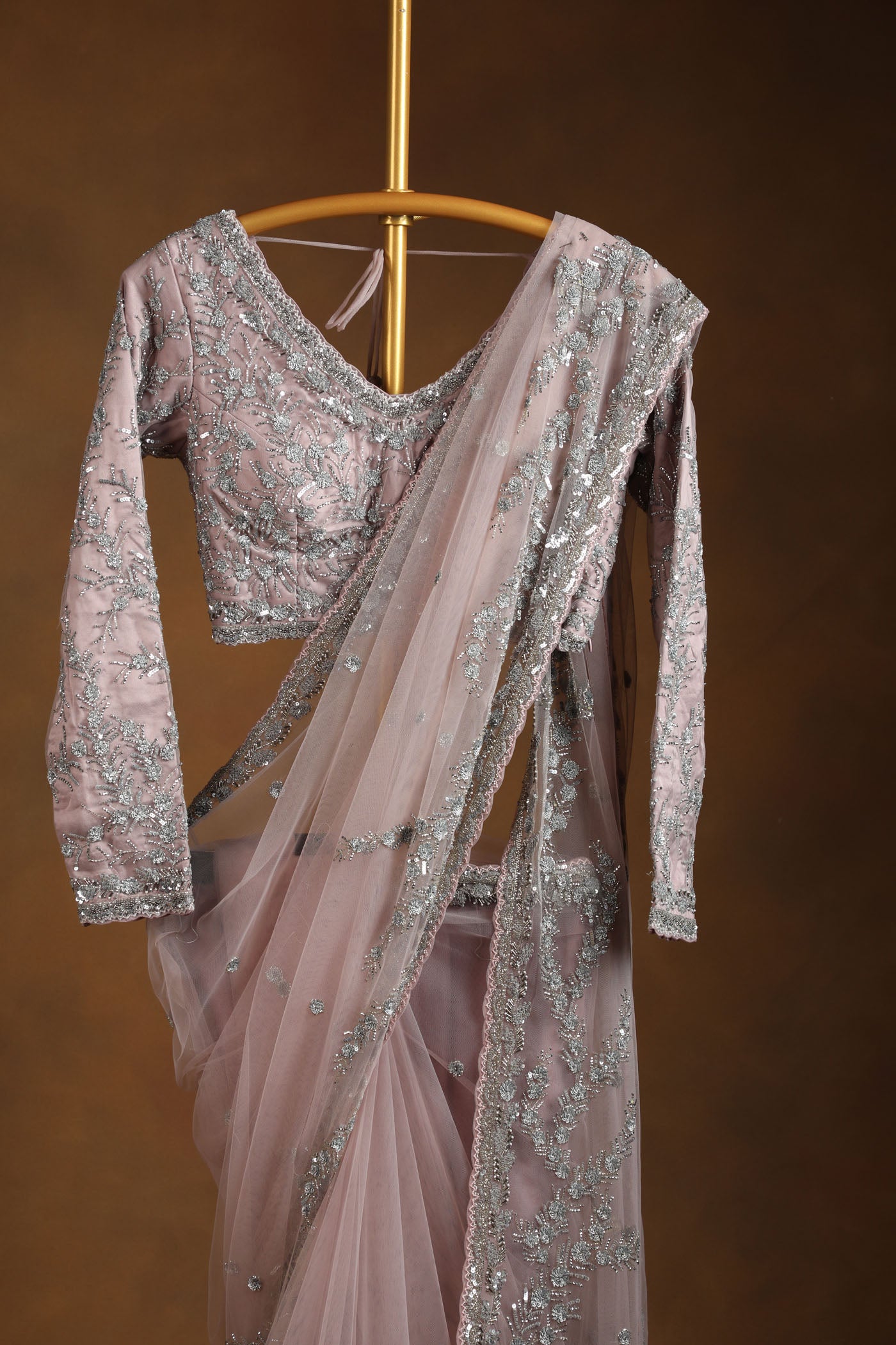 Dusty Rose Net Saree with Sequin Work and Matching Embroidered Blouse (RTS)