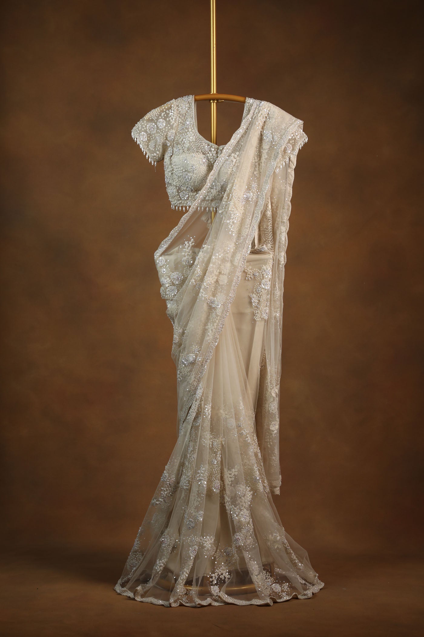 Ivory Embellished Net Saree with Designer Beaded Blouse (RTS)