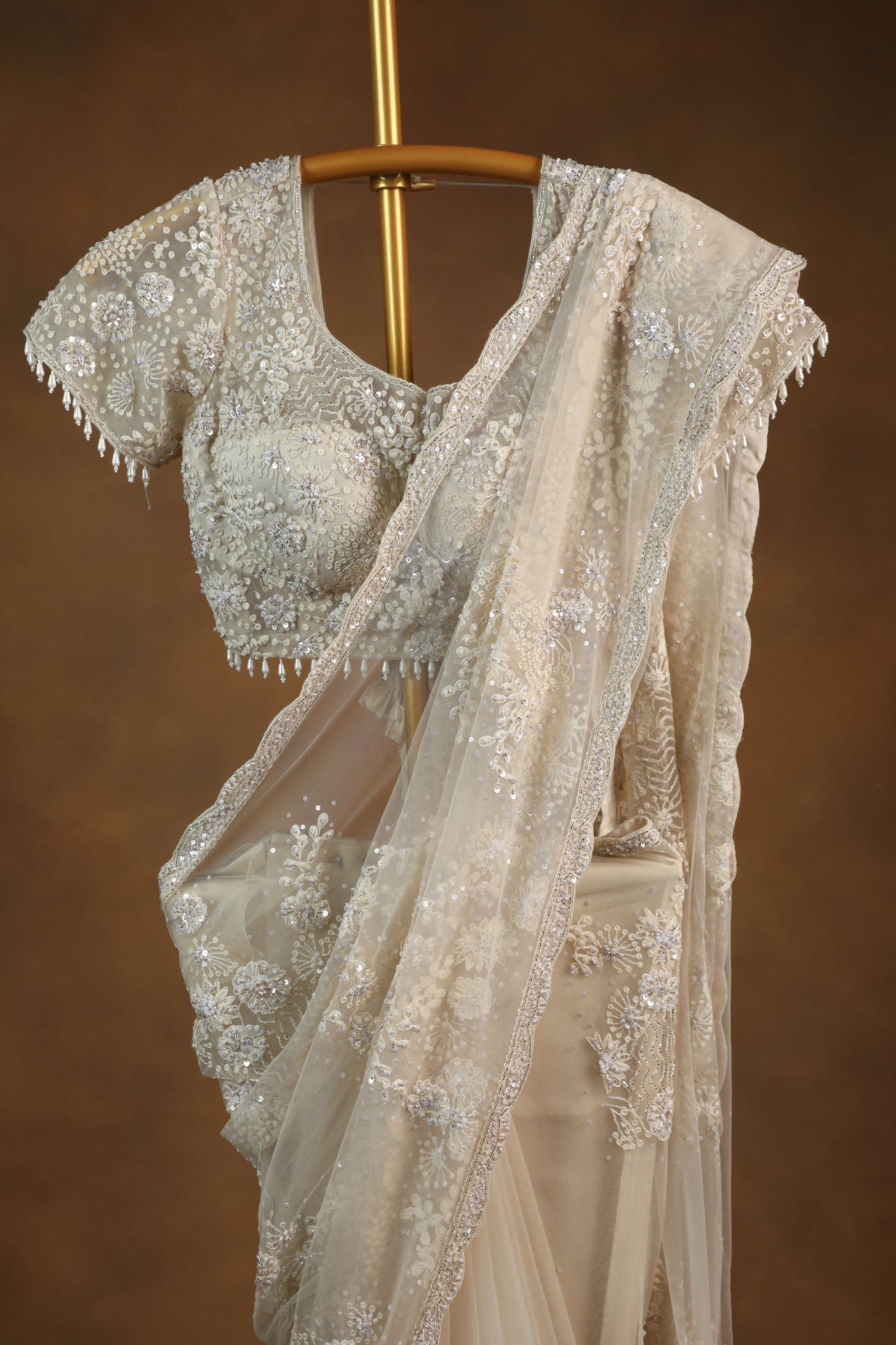 Ivory Embellished Net Saree with Designer Beaded Blouse (RTS)
