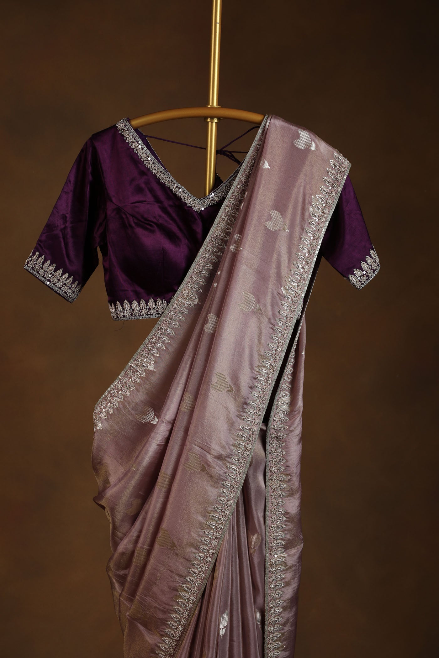 Onion pink saree with Embellished satin blouse