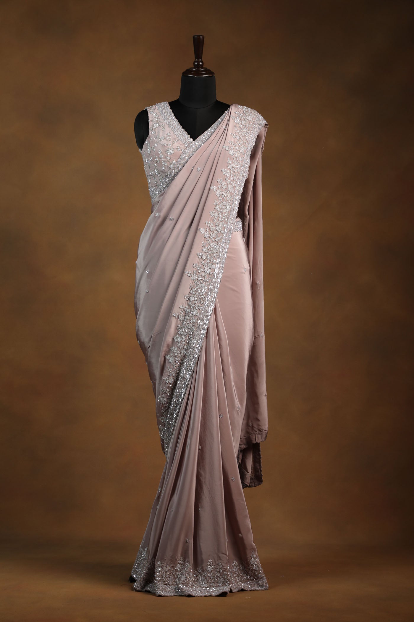 Dusty Rose crepe Saree with Sleeveless Embroidered Blouse (RTS)
