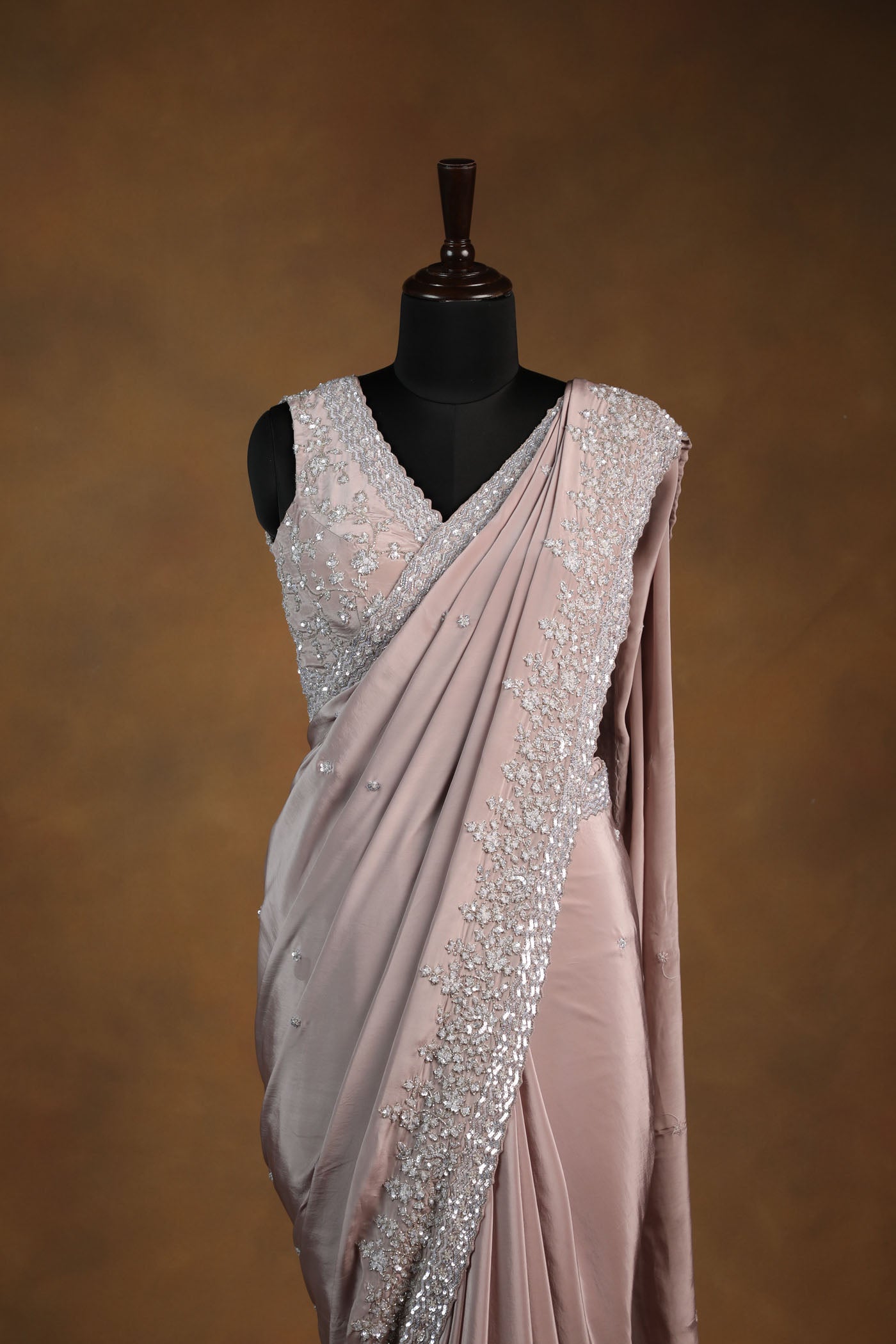 Dusty Rose crepe Saree with Sleeveless Embroidered Blouse (RTS)