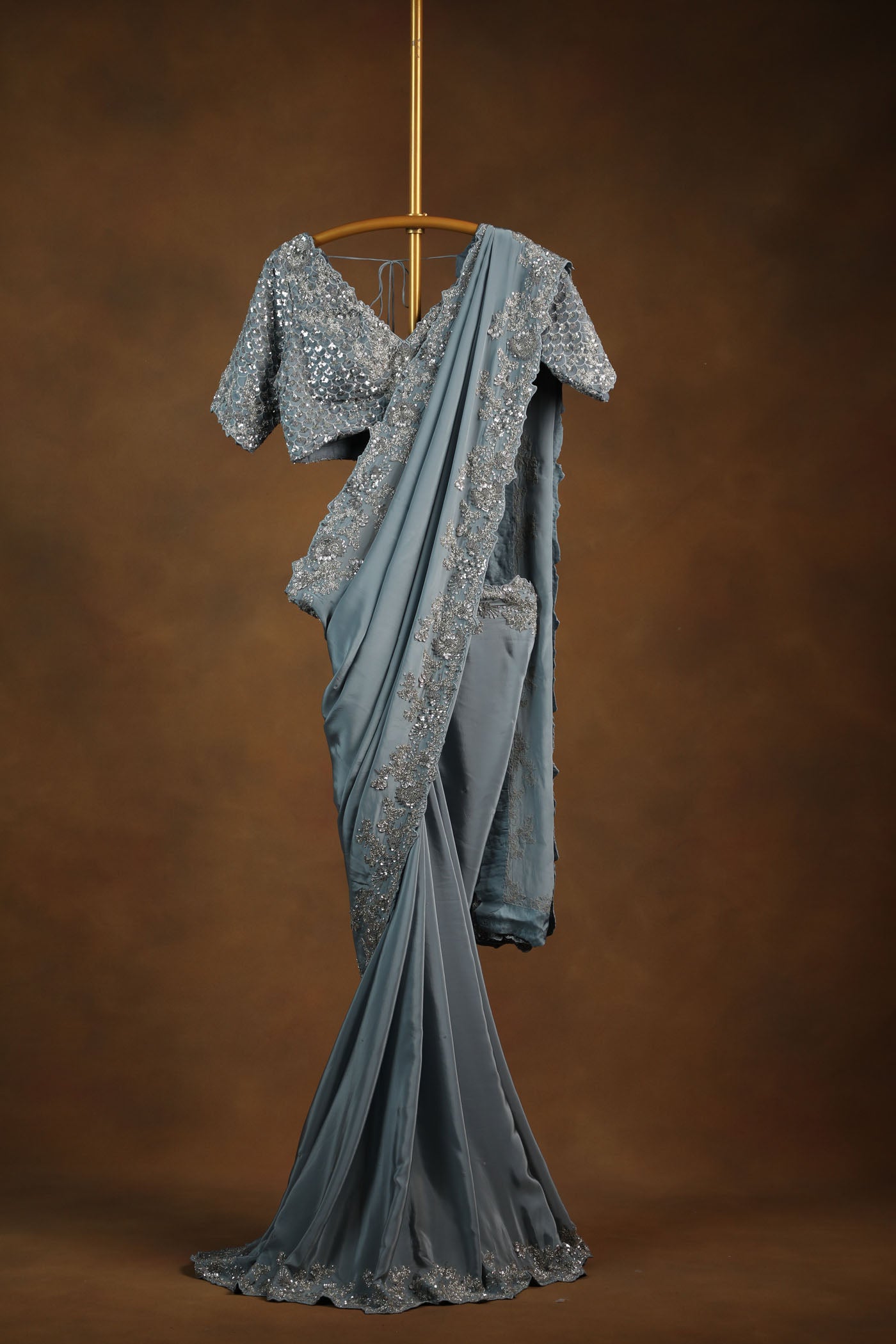 Ice Blue Crepe Saree with Heavily Embellished Blouse (RTS)