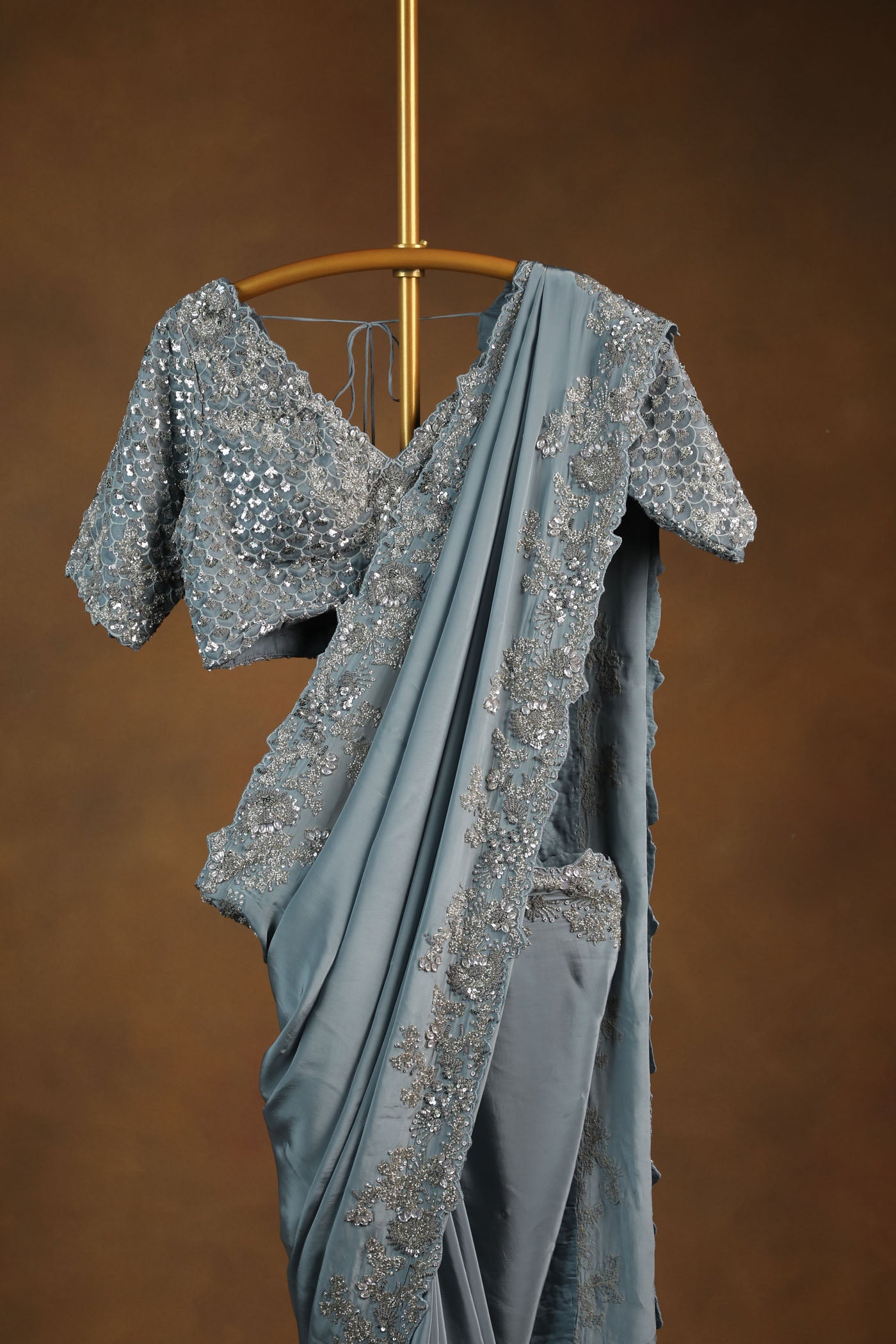 Ice Blue Crepe Saree with Heavily Embellished Blouse (RTS)