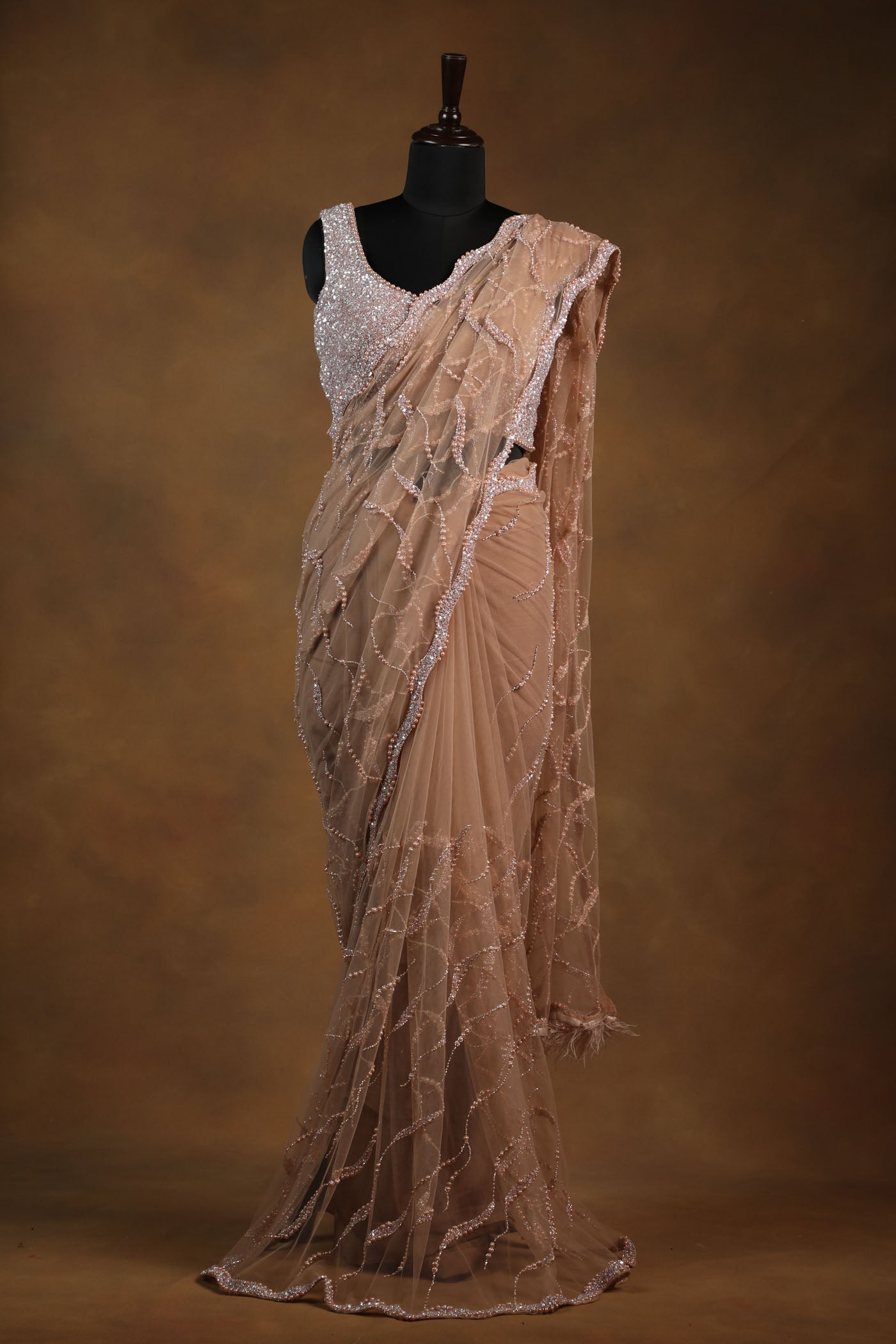 Champagne Gold Sequin Saree with Feather-Trim and Embellished Blouse (RTS)
