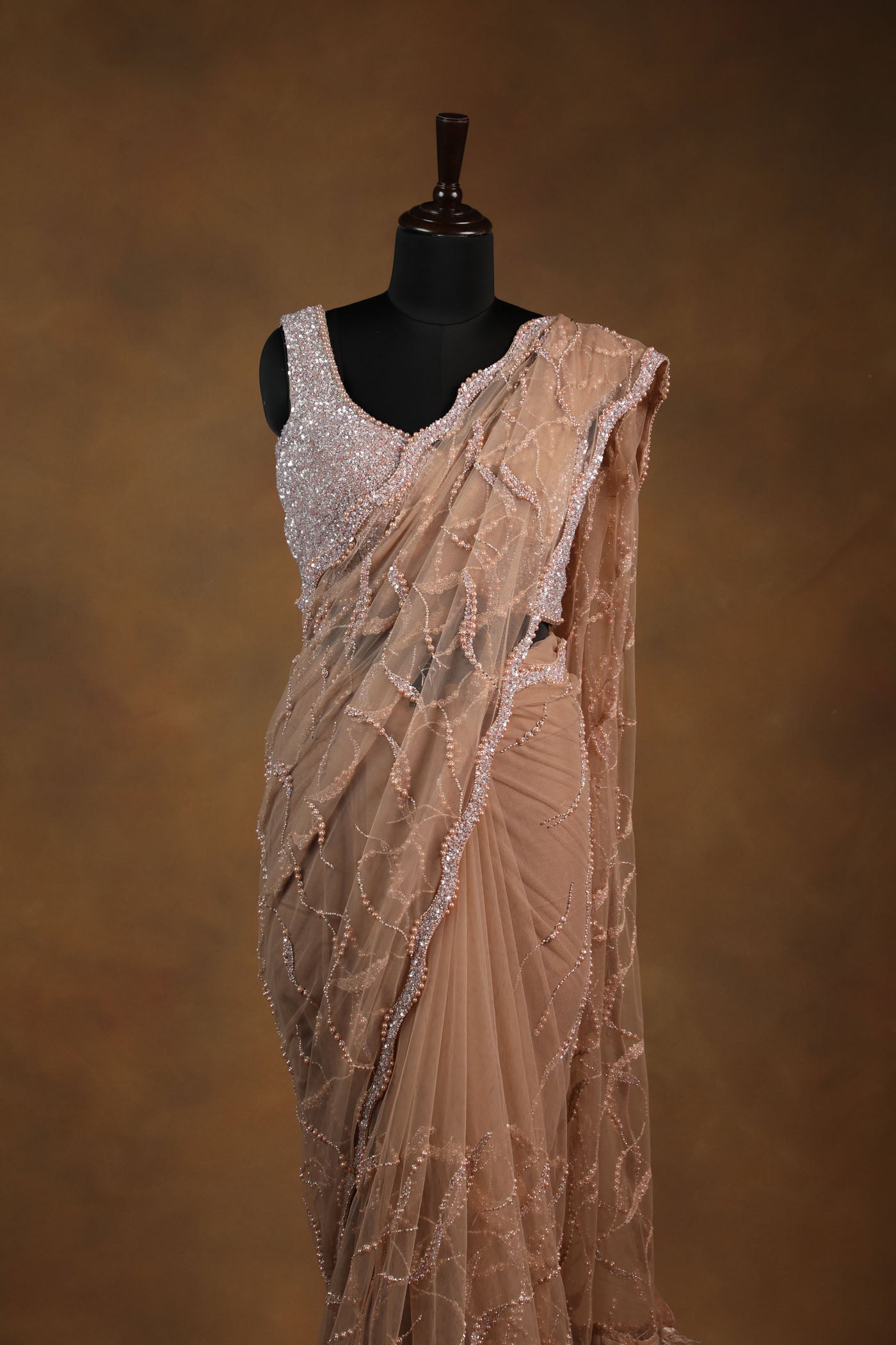 Champagne Gold Sequin Saree with Feather-Trim and Embellished Blouse (RTS)