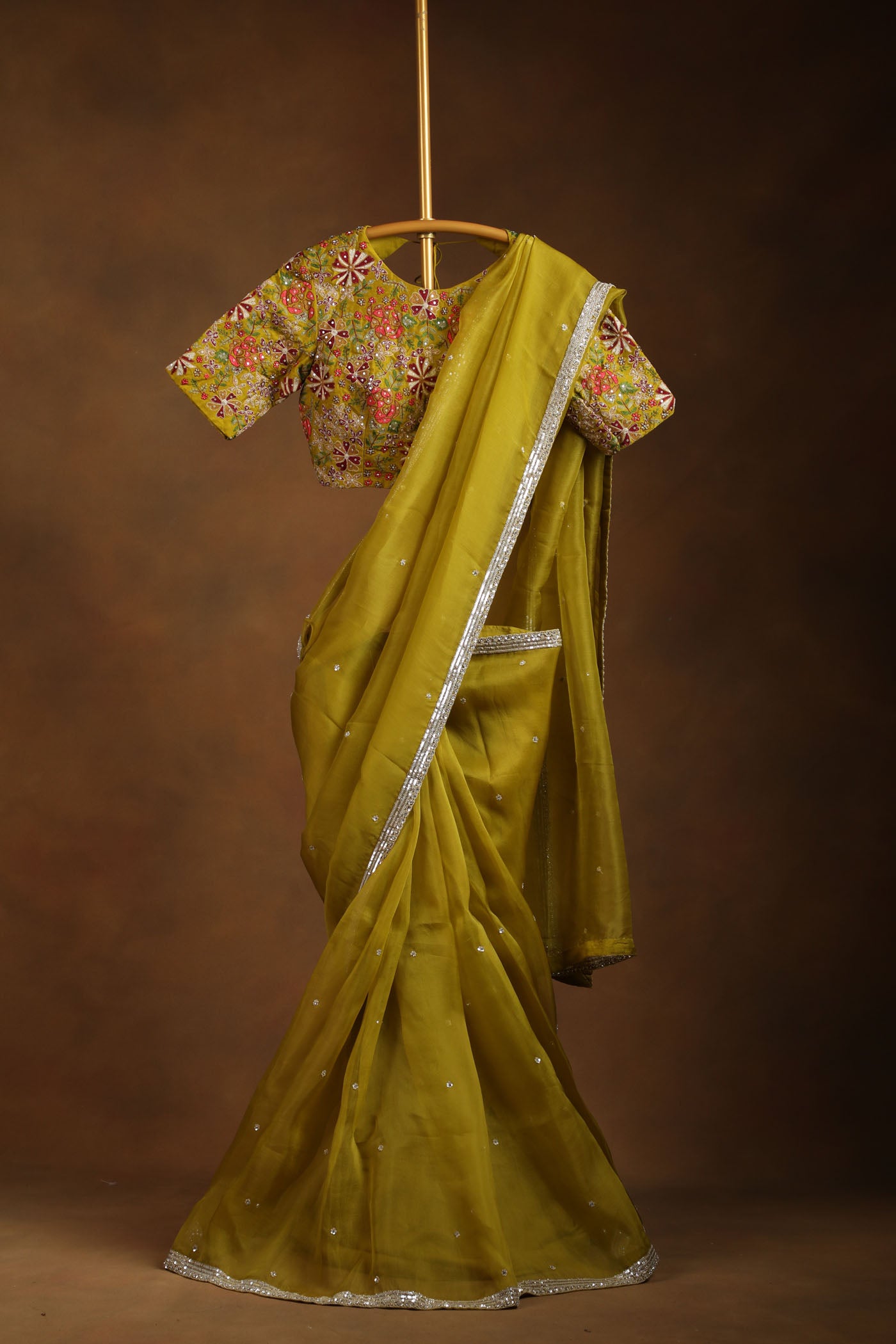 Olive Green Organza Saree with Floral thread Embroidered Blouse (RTS)
