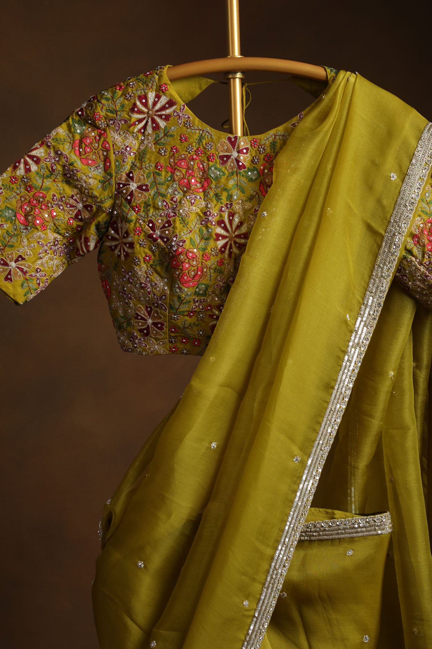 Olive Green Organza Saree with Floral thread Embroidered Blouse (RTS)