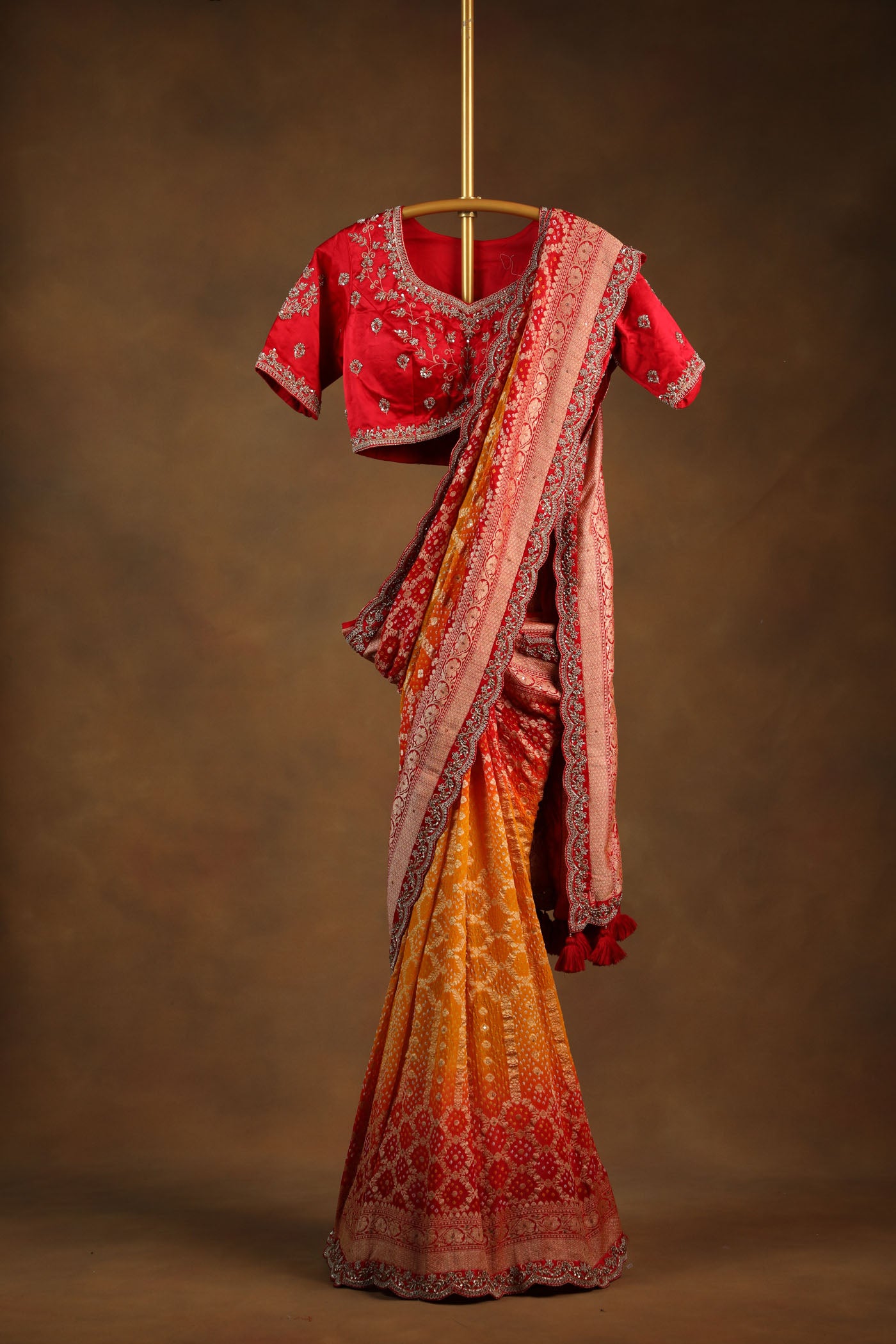 Traditional Red and Yellow Shaded Georgette Saree with Embroidered Satin Blouse (RTS)