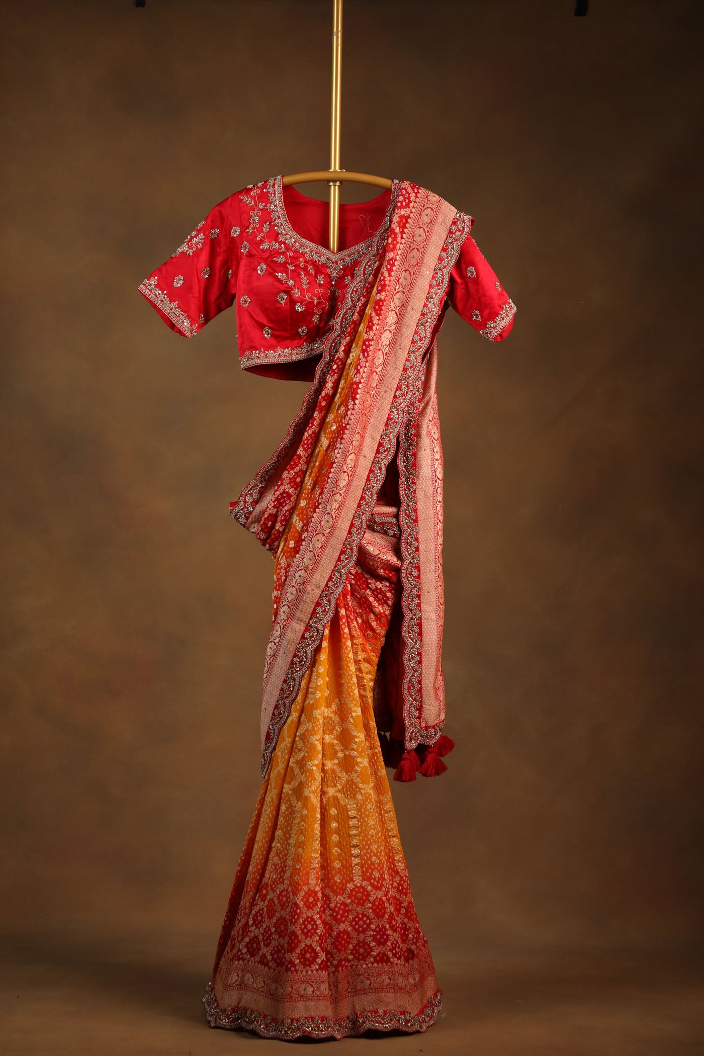 Traditional Red and Yellow Shaded Georgette Saree with Embroidered Satin Blouse (RTS)
