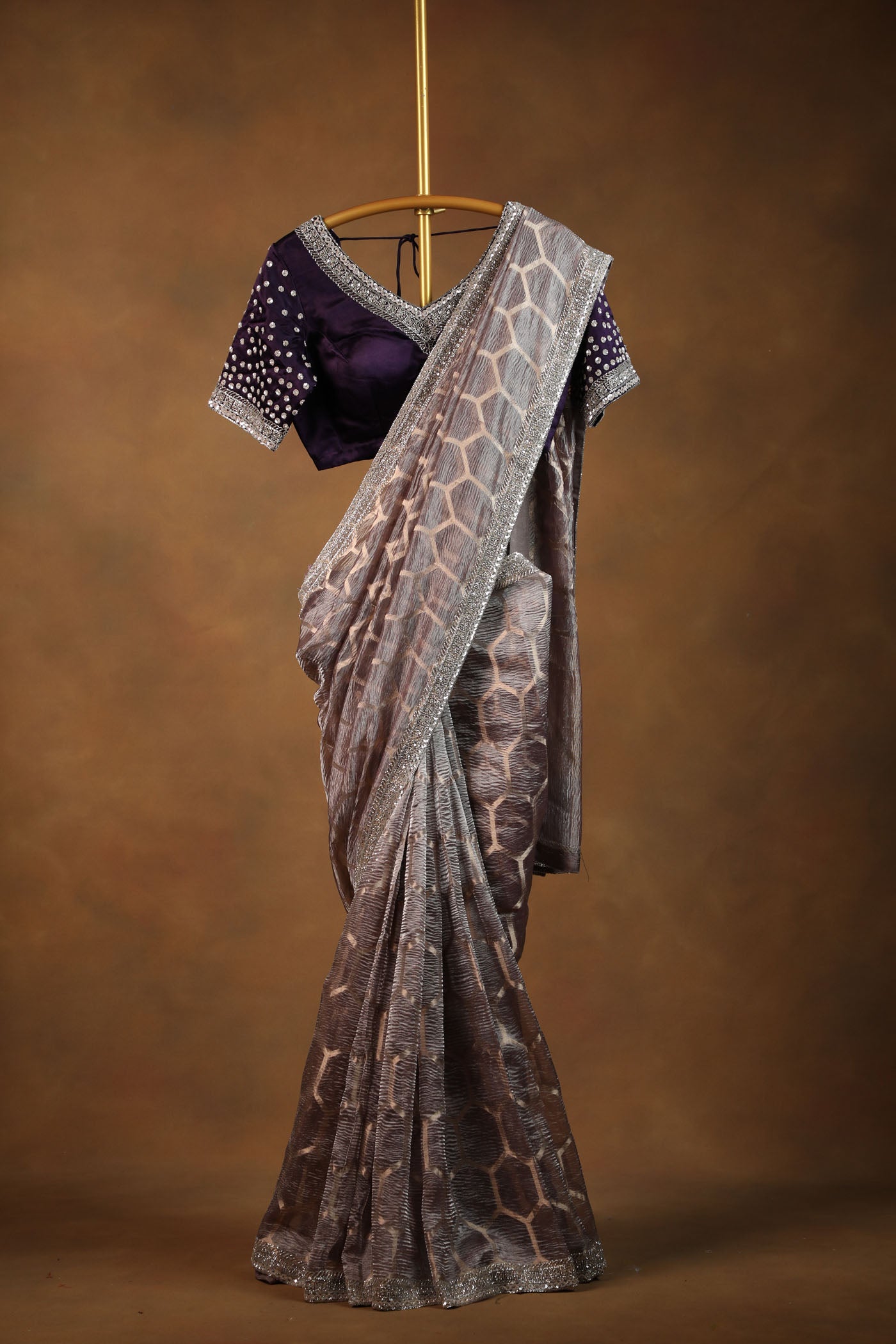 Elegant lavender crush tissue Saree with Embellished purple Satin Blouse (RTS)
