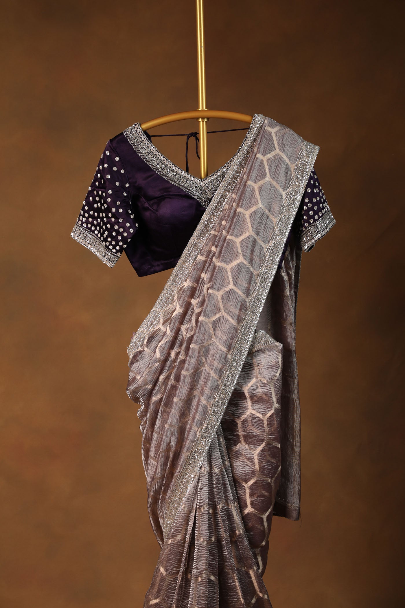 Elegant lavender crush tissue Saree with Embellished purple Satin Blouse (RTS)
