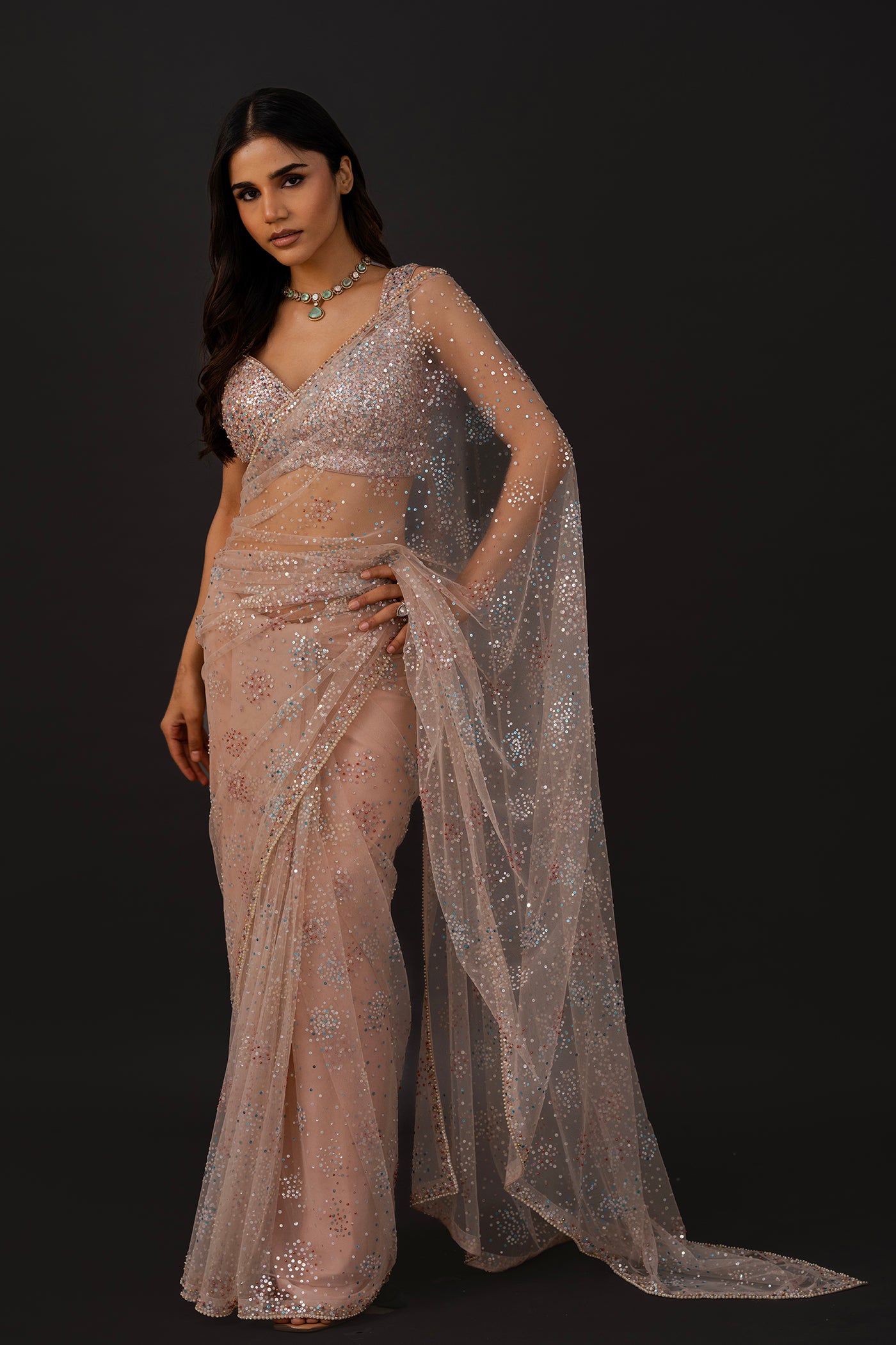 Soft rose net saree with readymade blouse