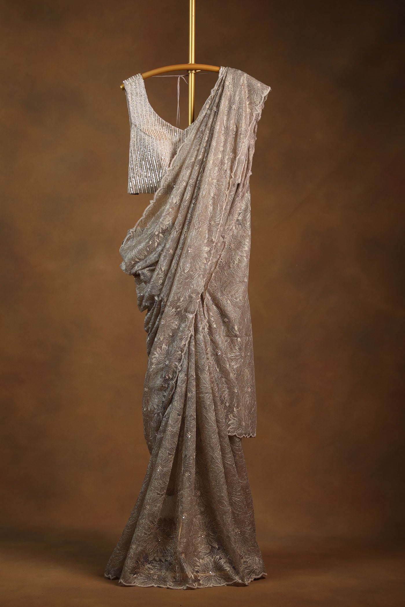 Champagne Gold Sequin Saree with Matching Sleeveless Blouse (RTS)