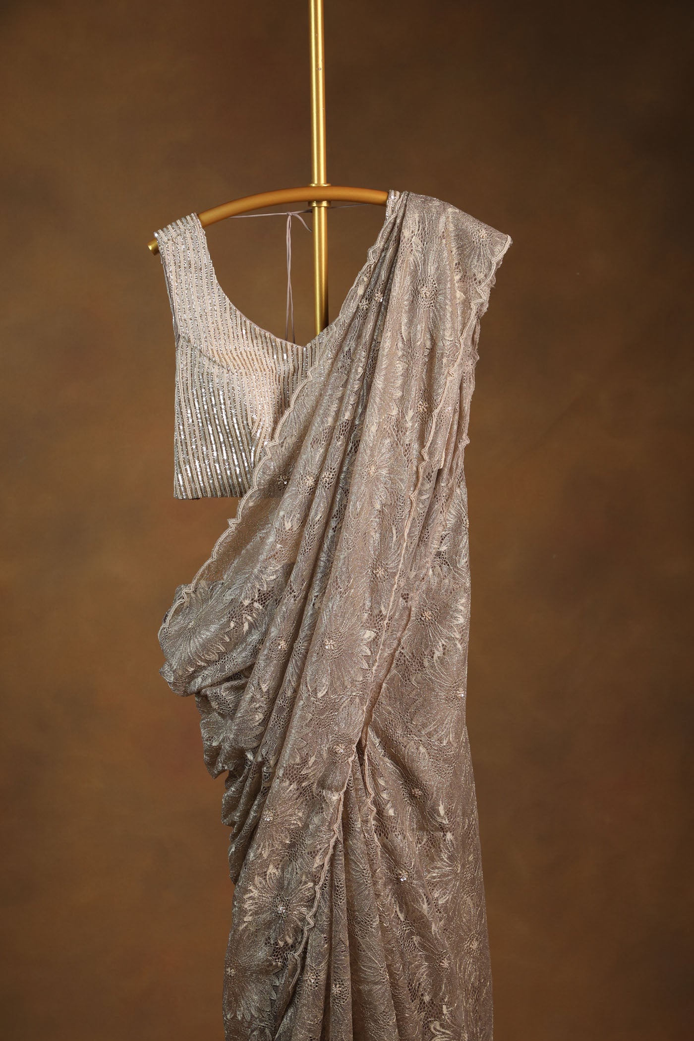 Champagne Gold Sequin Saree with Matching Sleeveless Blouse (RTS)