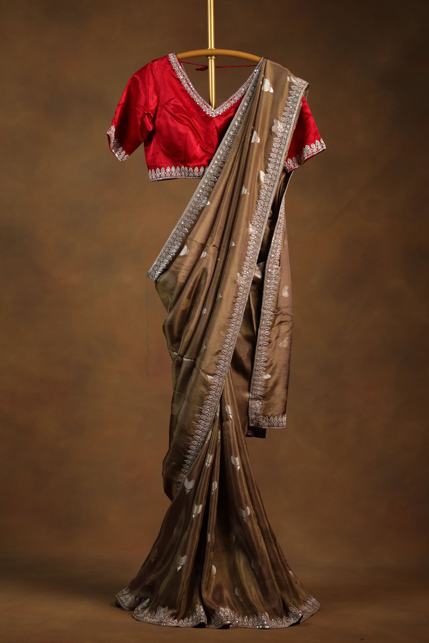 Bronze saree with Embellished satin blouse (RTS)