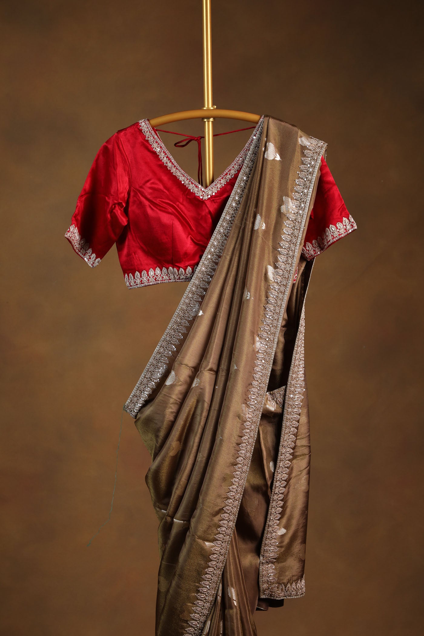 Bronze saree with Embellished satin blouse (RTS)