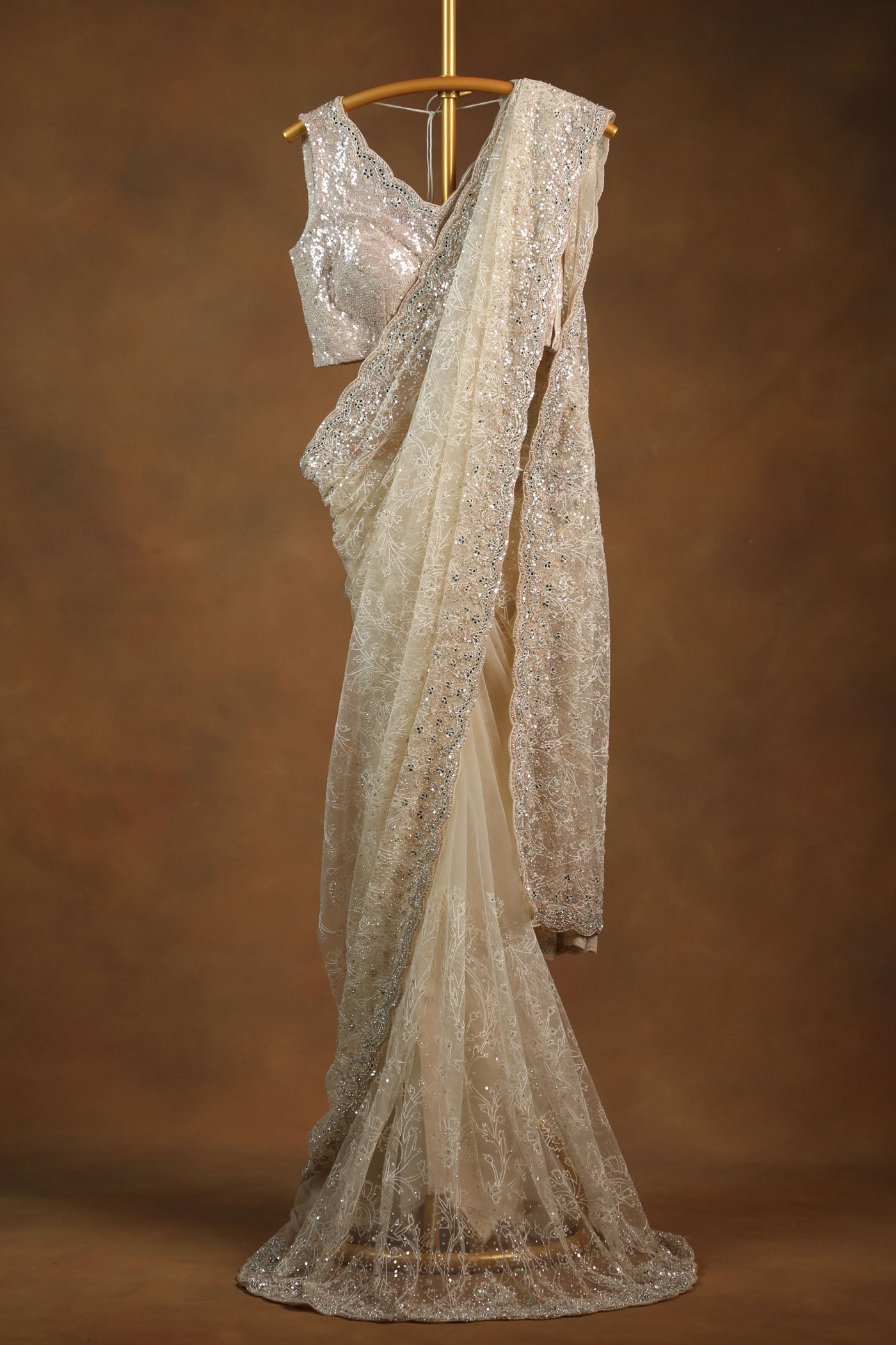 Elegant Ivory Sequin Embroidered Saree with Matching Blouse. (RTS)