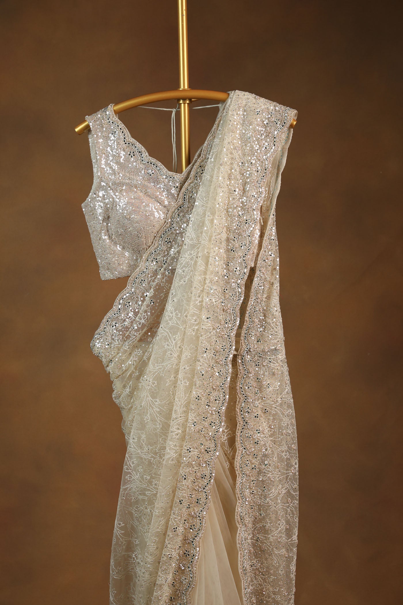 Elegant Ivory Sequin Embroidered Saree with Matching Blouse. (RTS)