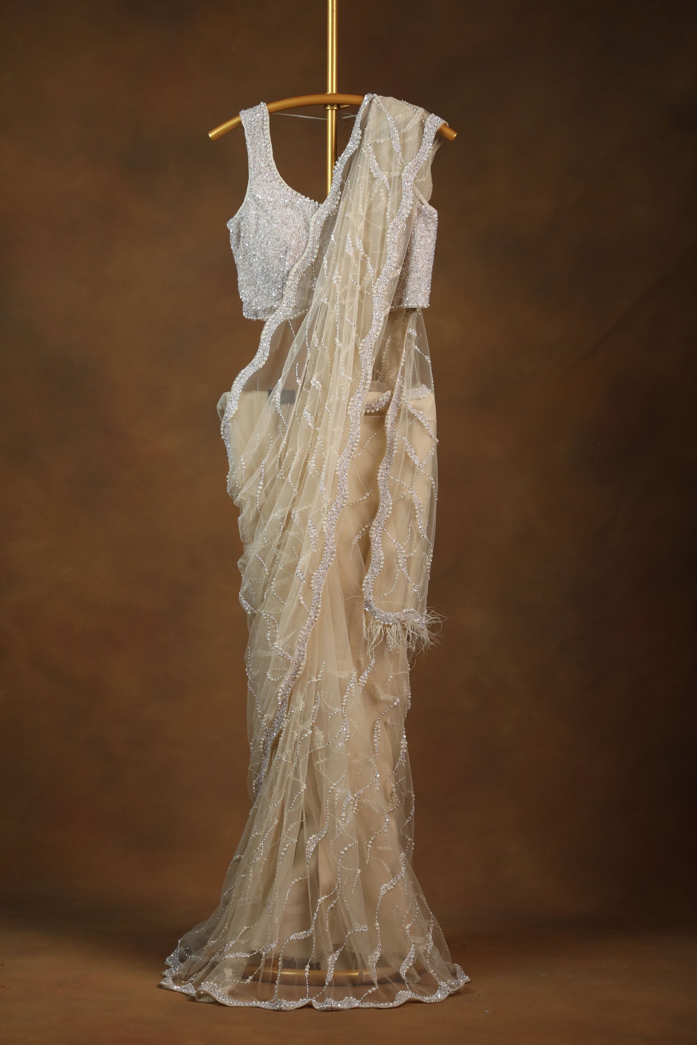 Ivory Sequin Saree with Feather-Trim and Embellished Blouse (RTS)