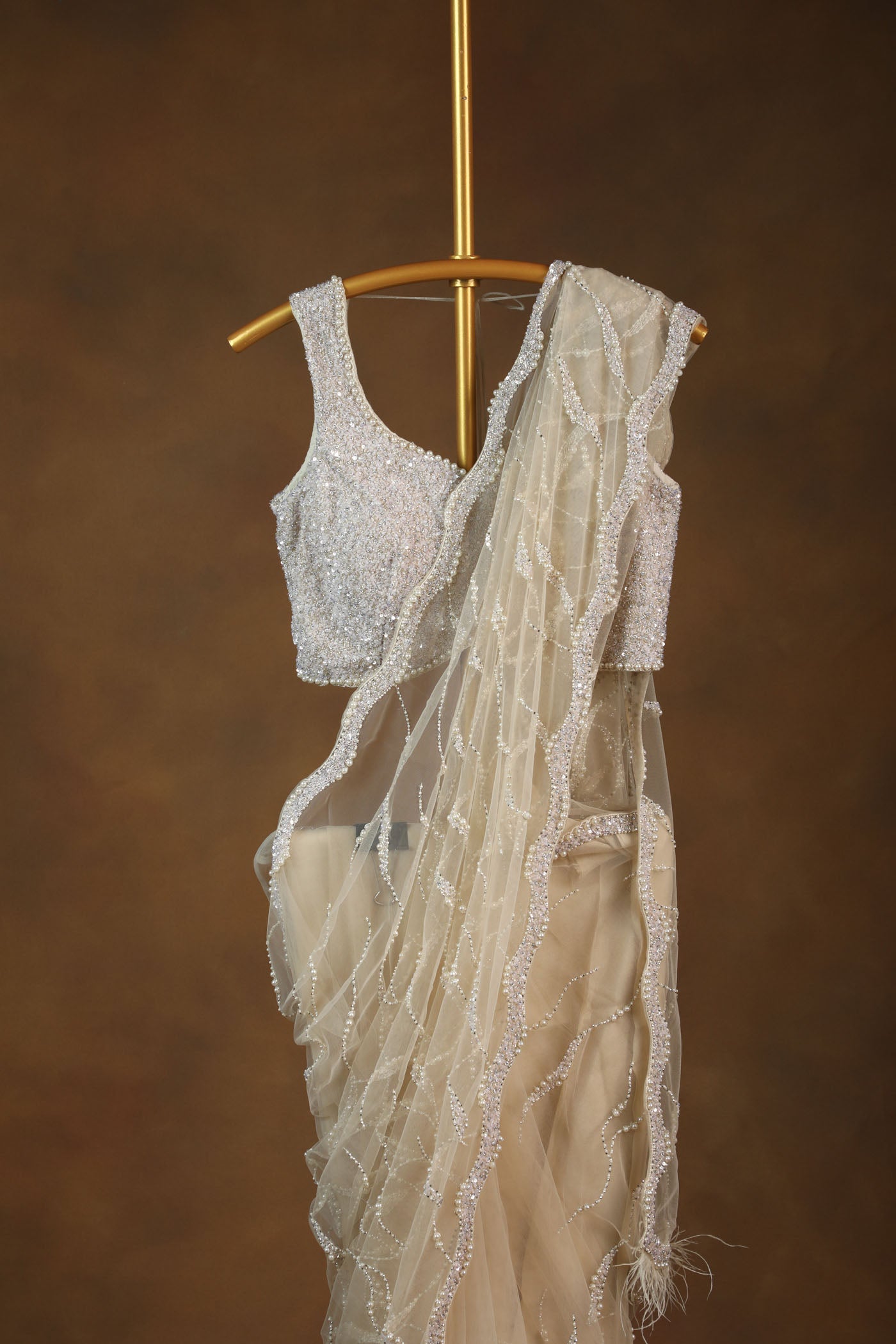 Ivory Sequin Saree with Feather-Trim and Embellished Blouse (RTS)