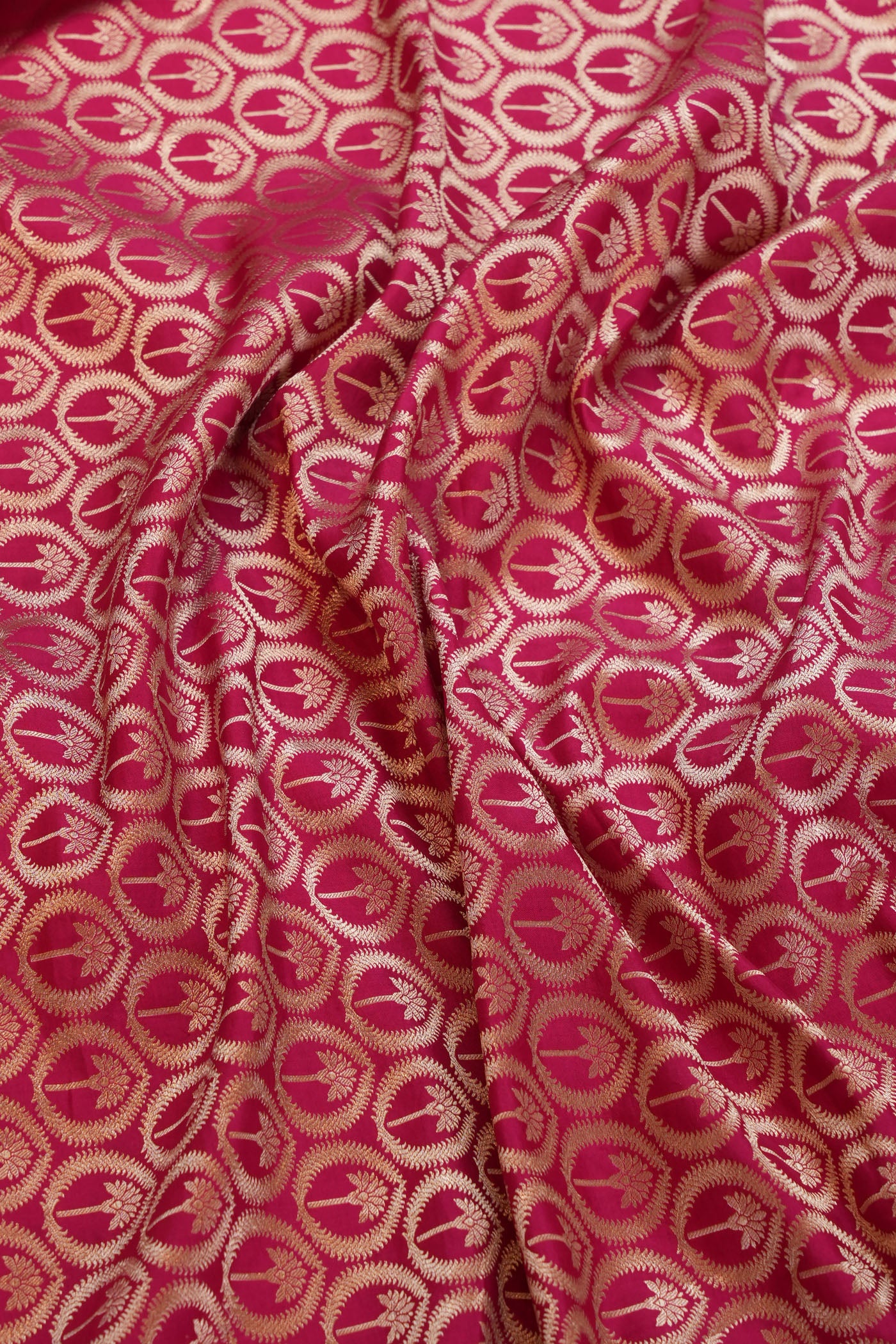 Vibrant Pink Banarasi Brocade Fabric with Golden Motif Circles
