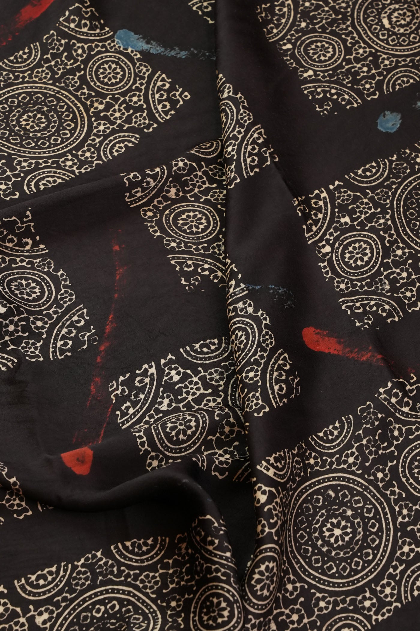 Mdnight Blue Hand-Block Printed Fabric with Abstract Brushstroke Accents