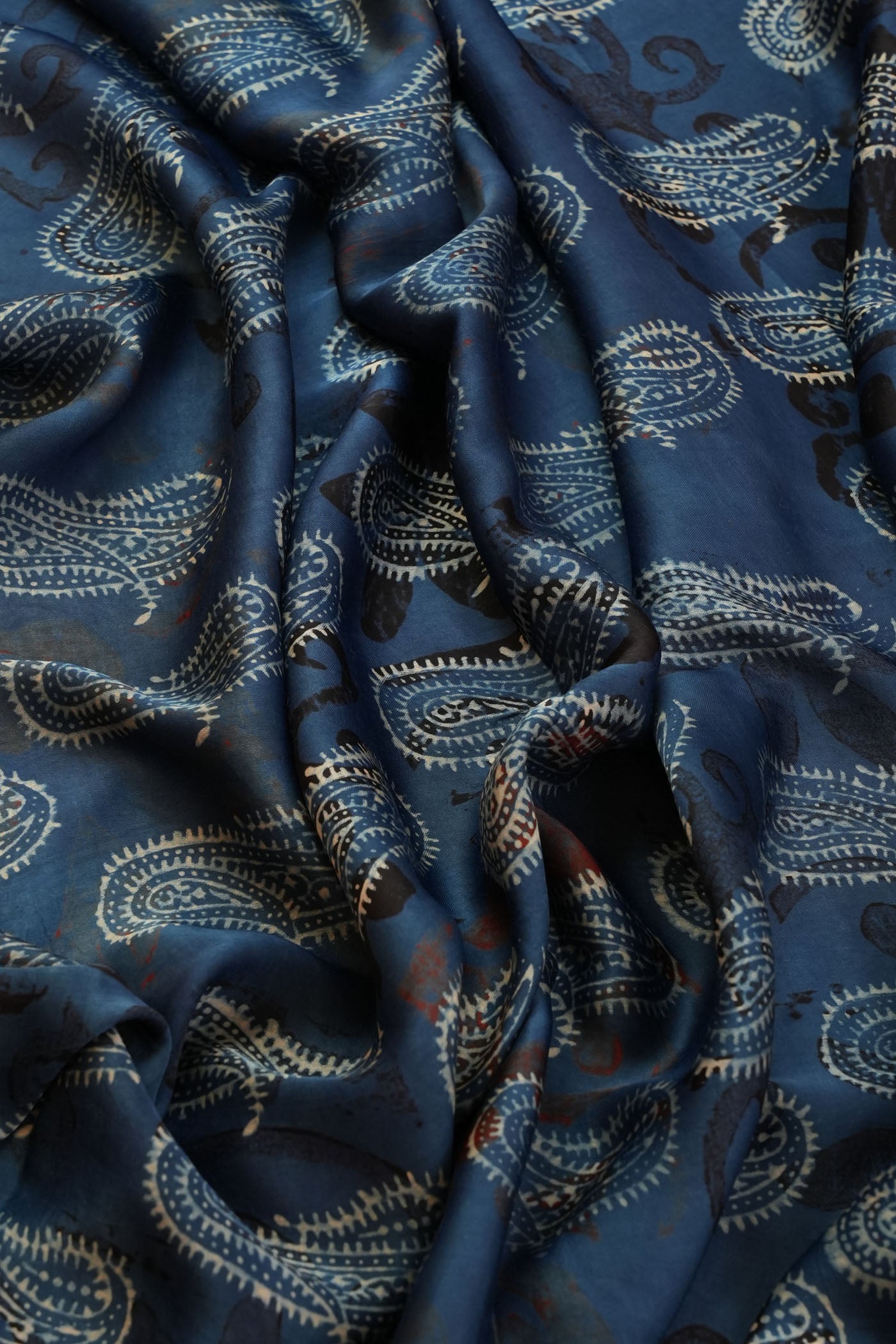 Indigo Blue Paisley Hand-Printed Fabric with Artistic Overlay