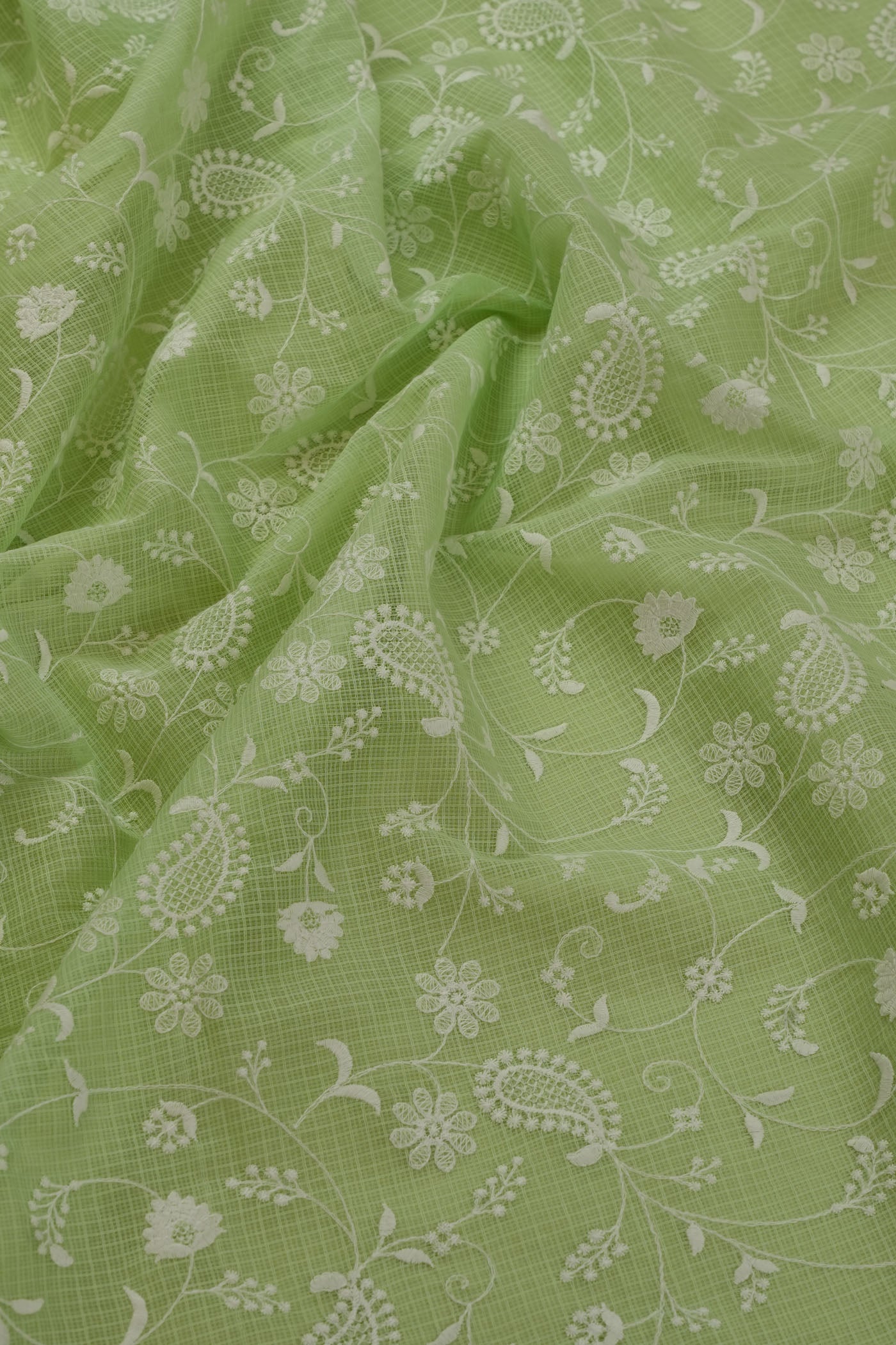 Mint Green Chikankari-Inspired Embroidered Fabric with Floral Paisley Motifs