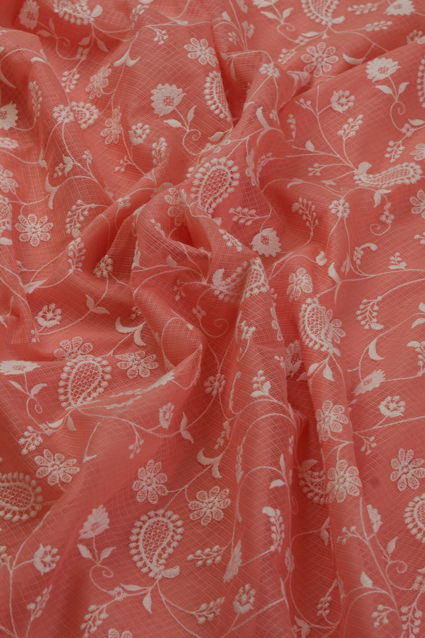 Peach Chikankari-Style Floral Embroidered Fabric