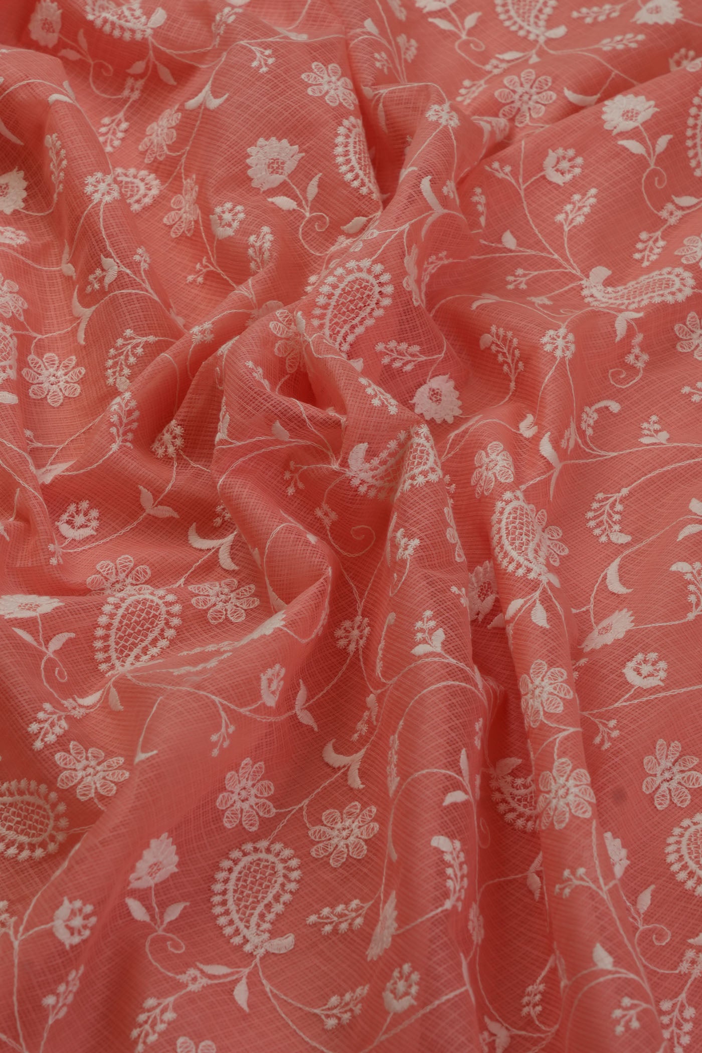 Peach Chikankari-Style Floral Embroidered Fabric