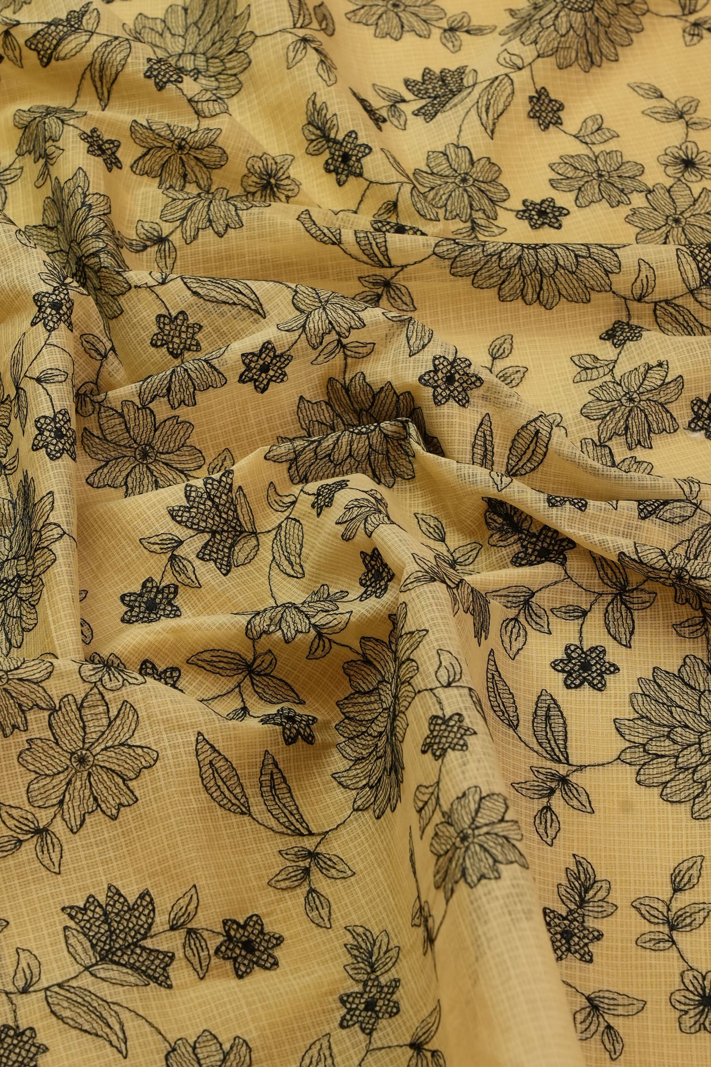 Ivory Kota Fabric with Black Floral Embroidery