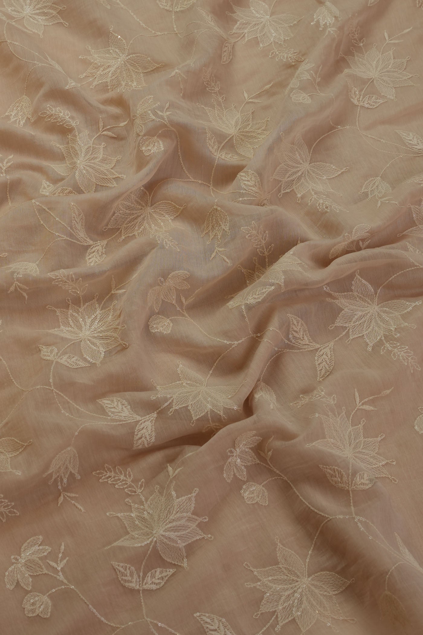 Elegant Beige Floral Embroidered Fabric.