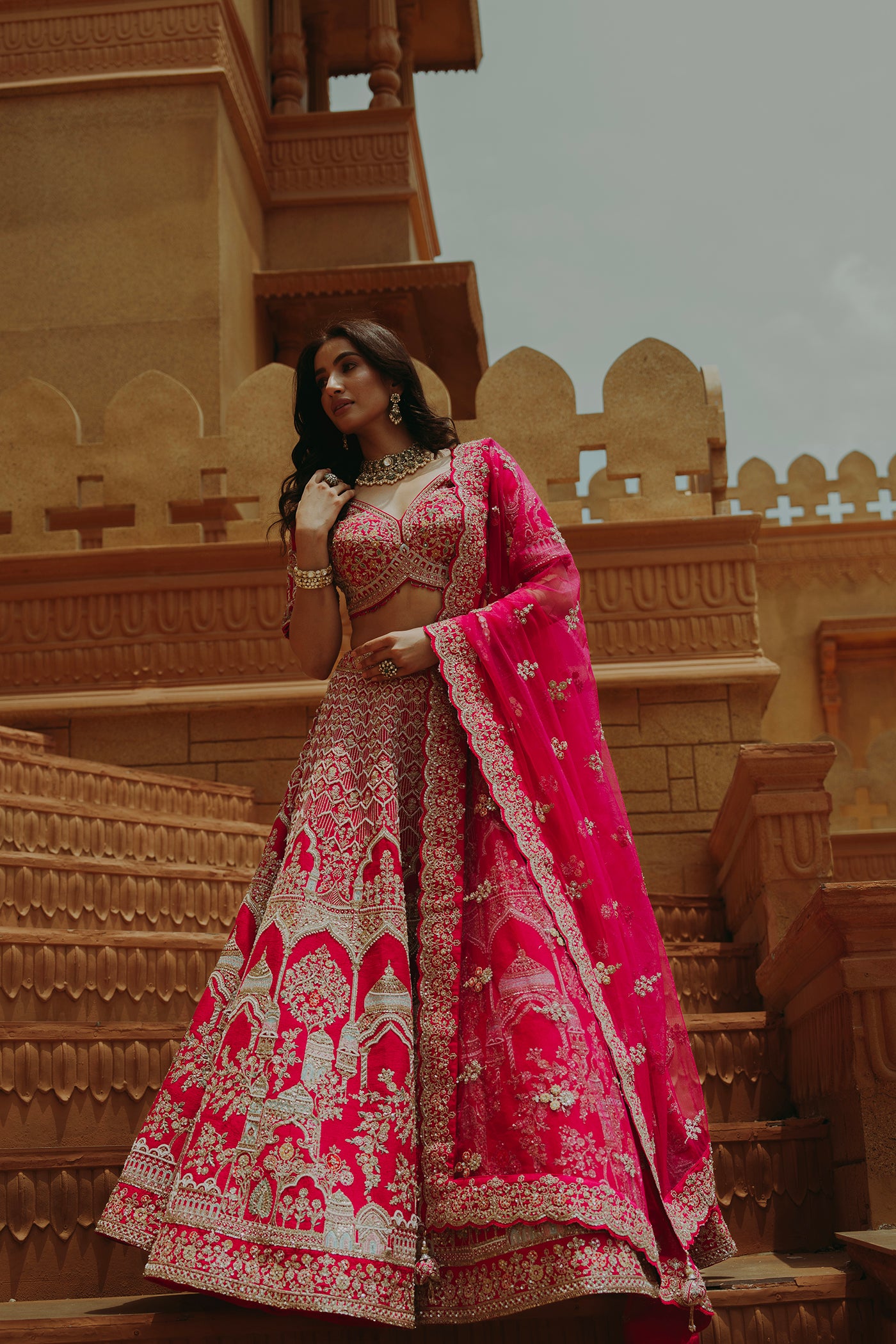 Rani Pink Mughal Motivs Bridal Ghagra Set with Zardosi Embroidery(RTS)