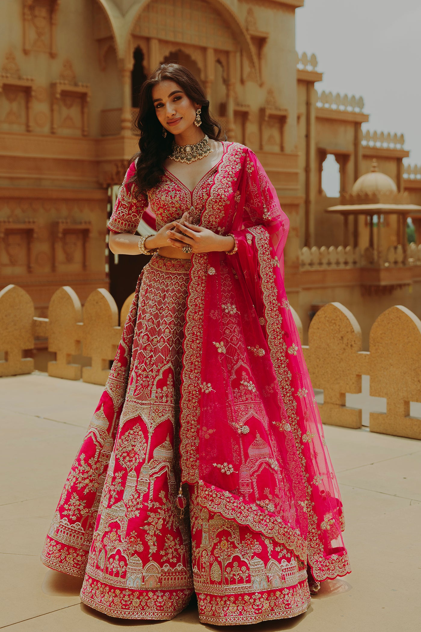 Rani Pink Mughal Motivs Bridal Ghagra Set with Zardosi Embroidery