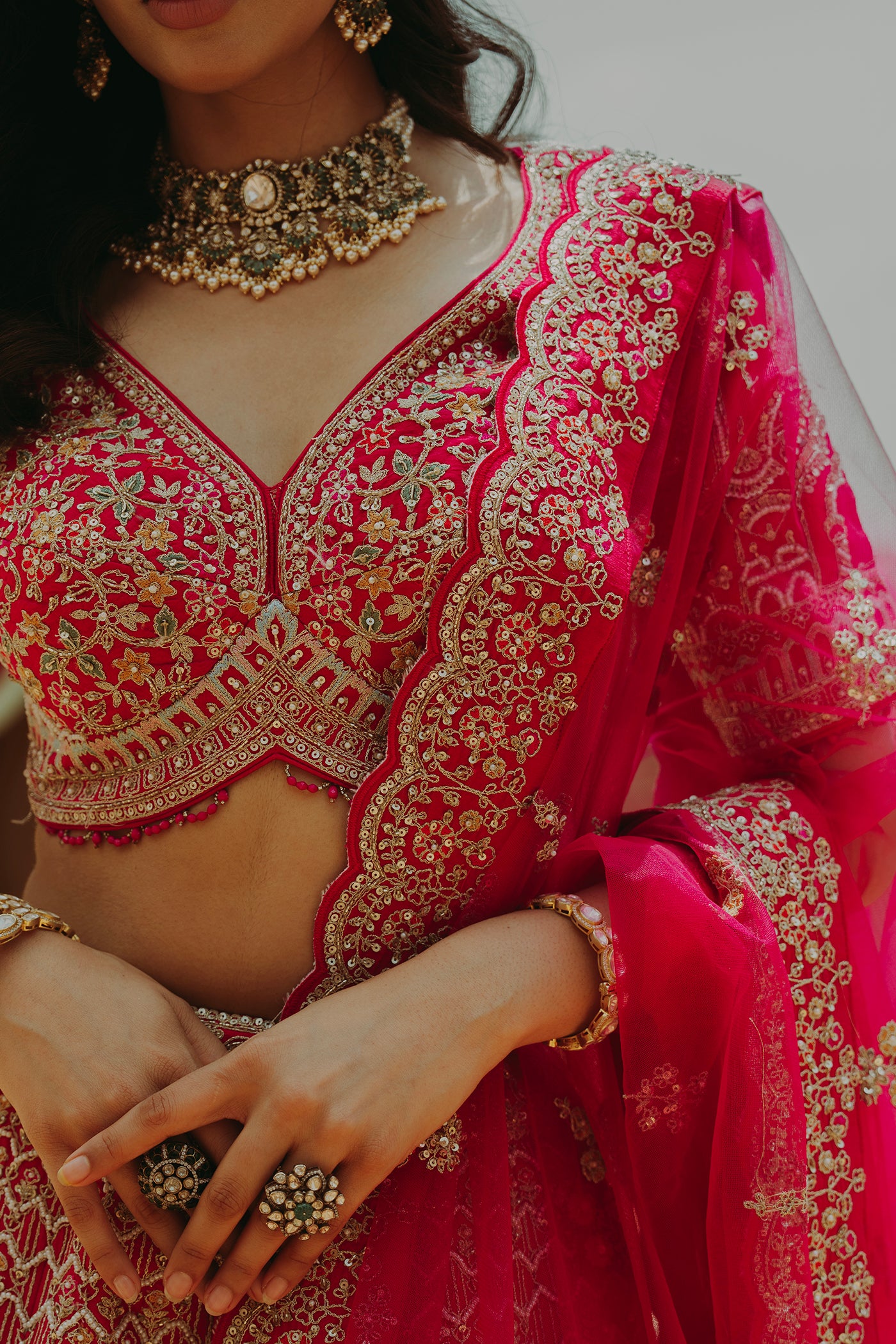 Rani Pink Mughal Motivs Bridal Ghagra Set with Zardosi Embroidery