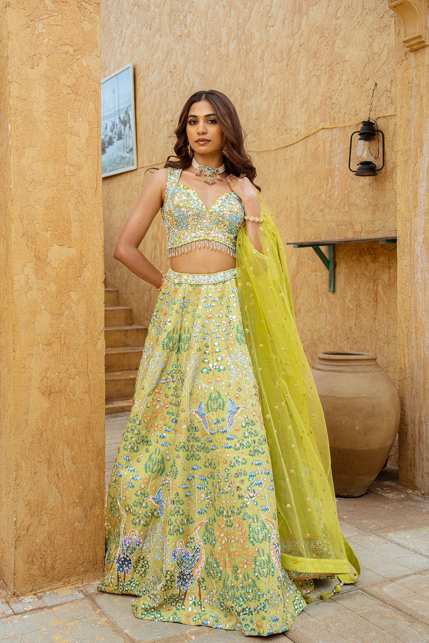 Olive Green Embroidered Ghagra Set with Peacock & Floral Motivs(RTS)