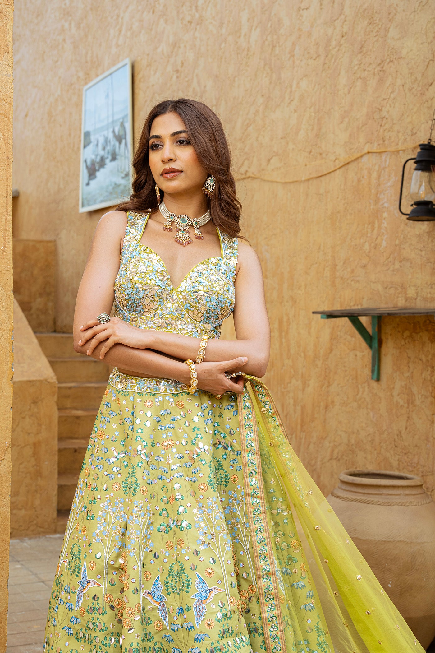 Olive Green Embroidered Ghagra Set with Peacock & Floral Motivs