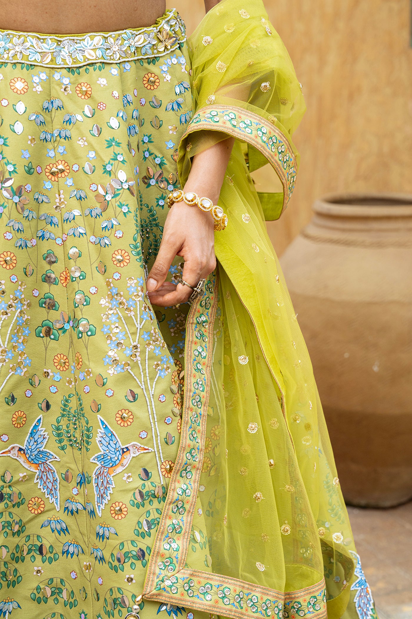Olive Green Embroidered Ghagra Set with Peacock & Floral Motivs