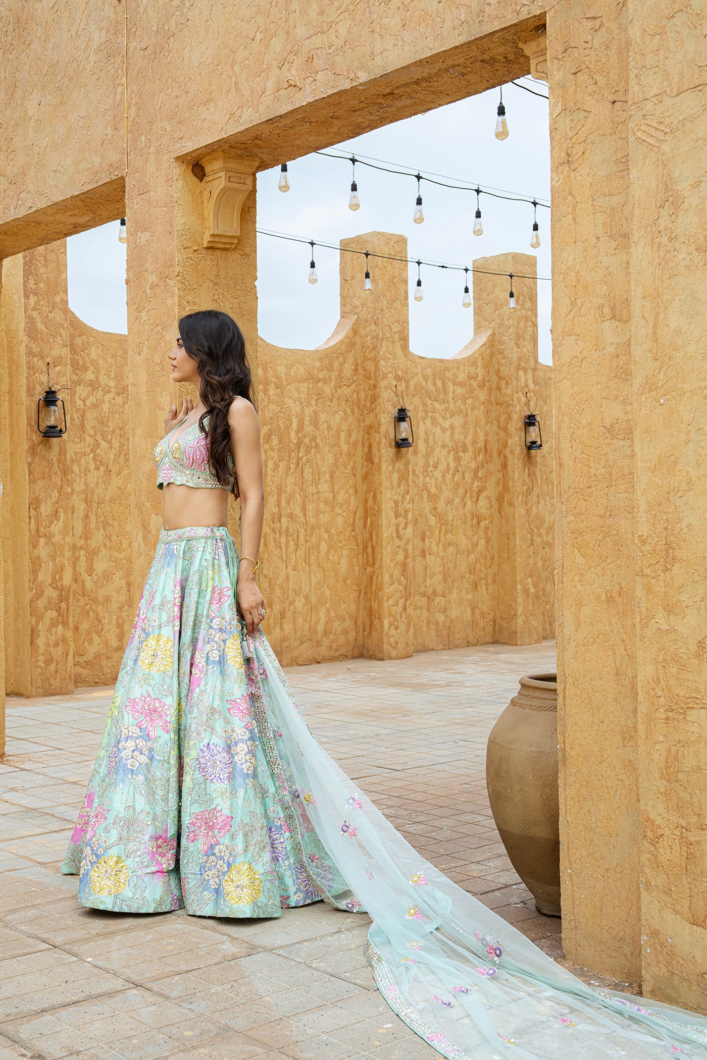 Sea Green Floral Embroidered Ghagra Set with Multicolor Mirror Work(RTS)
