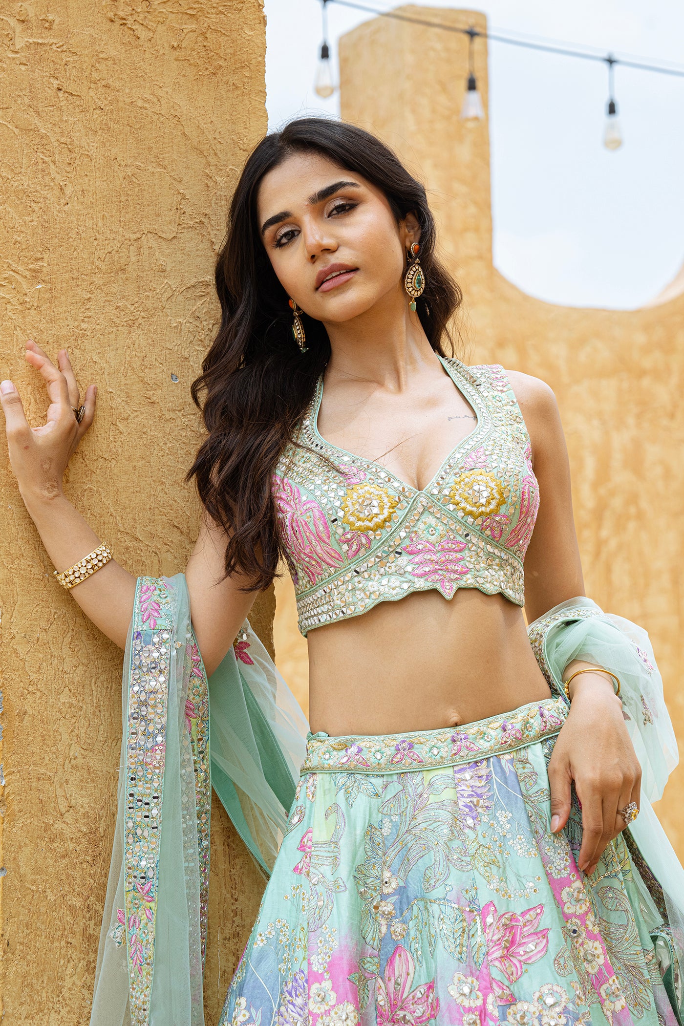 Sea Green Floral Embroidered Ghagra Set with Multicolor Mirror Work