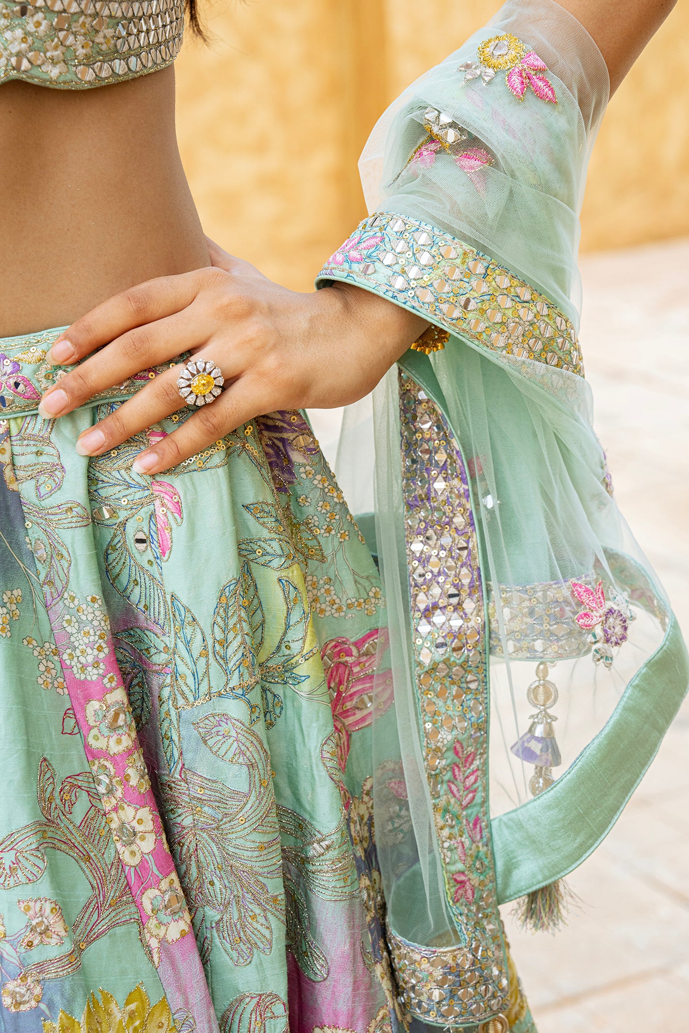 Sea Green Floral Embroidered Ghagra Set with Multicolor Mirror Work