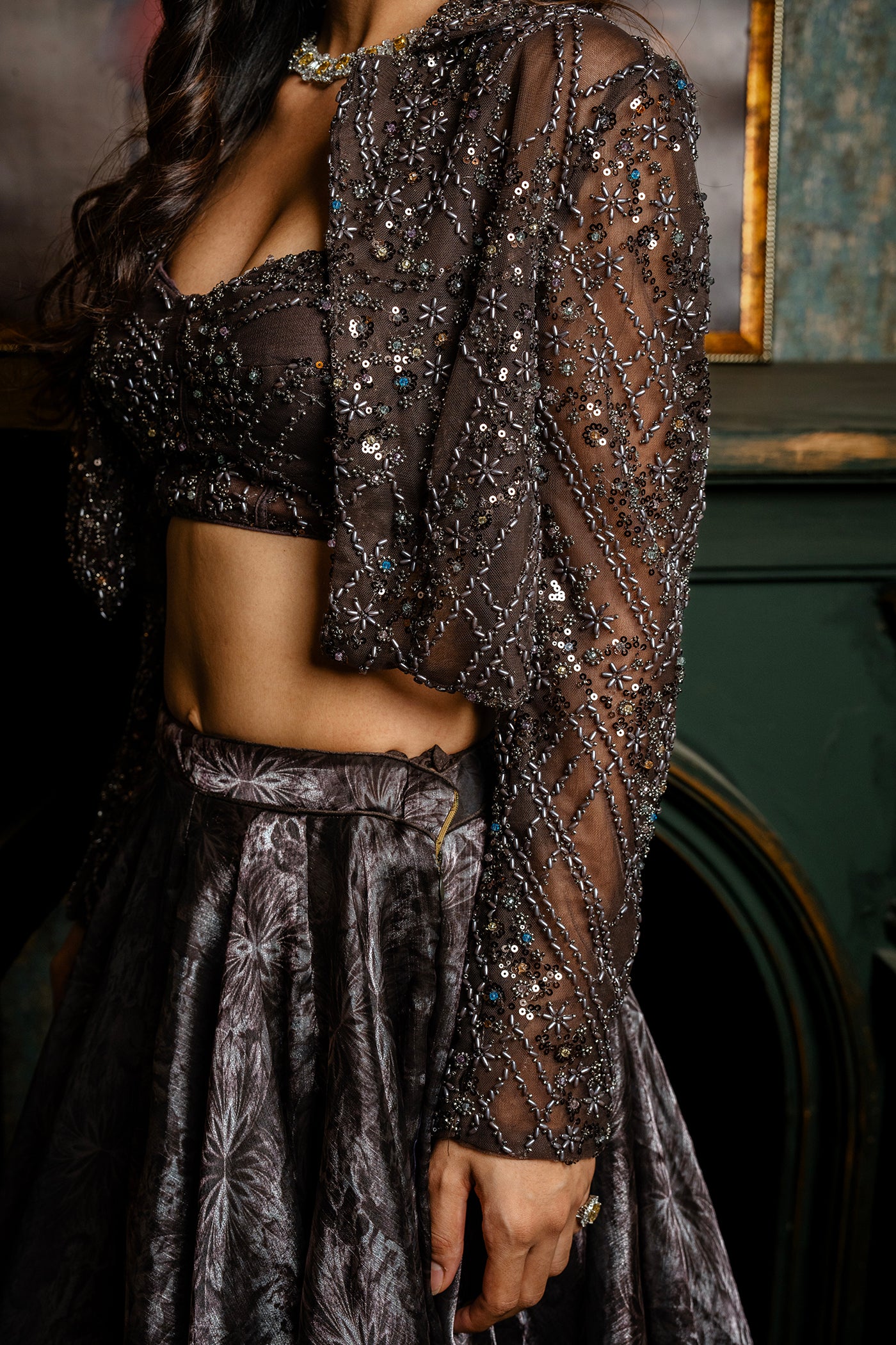 Smoky Brown Printed Ghagra Set with Embellished Jacket & Corset Blouse