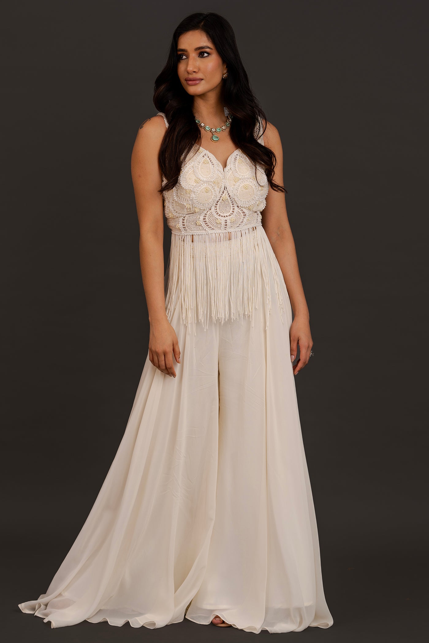 White crochet palazzo set with dupatta (RTS)